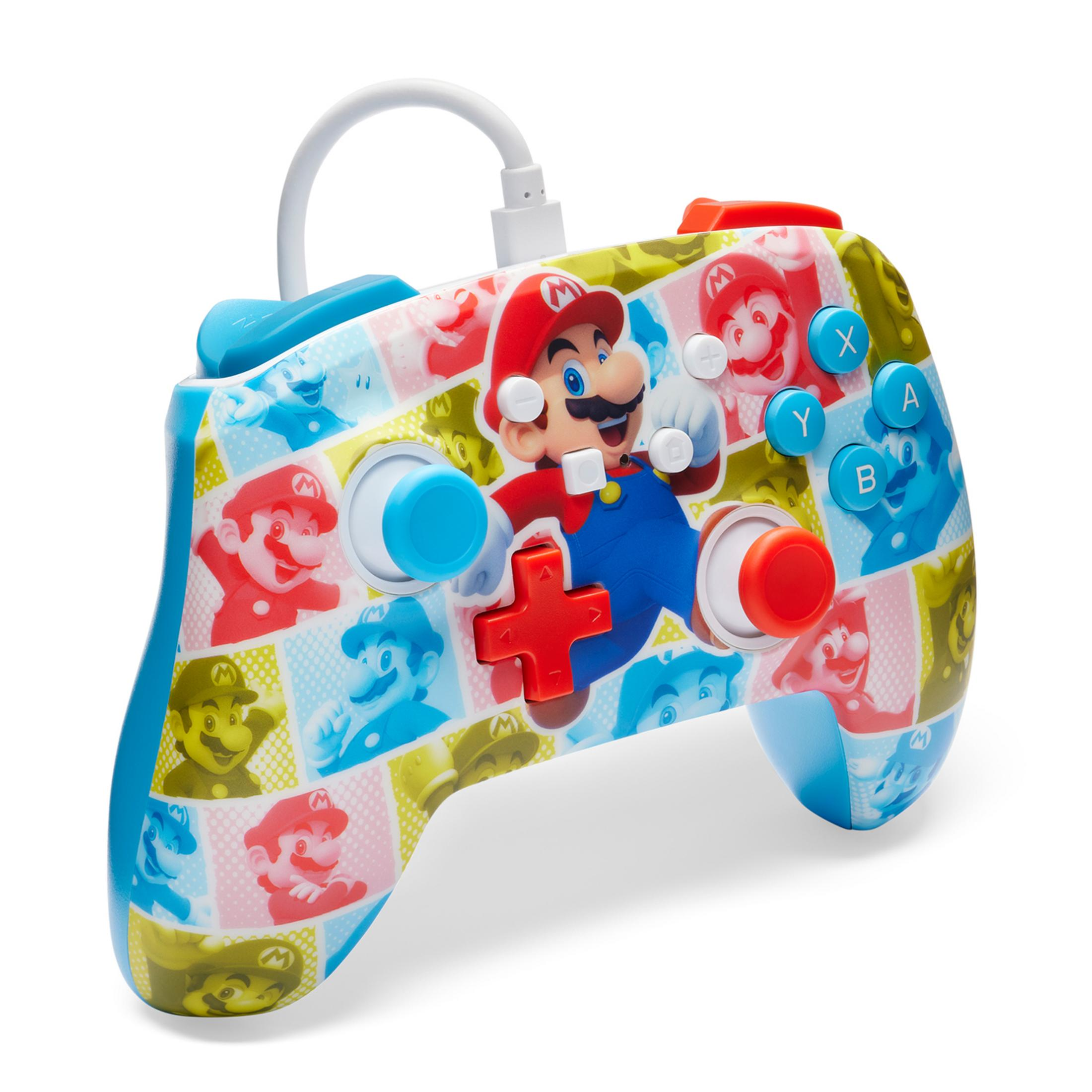 Niebieski kontroler do gier wideo z obrazami Mario i czerwonymi i niebieskimi przyciskami.