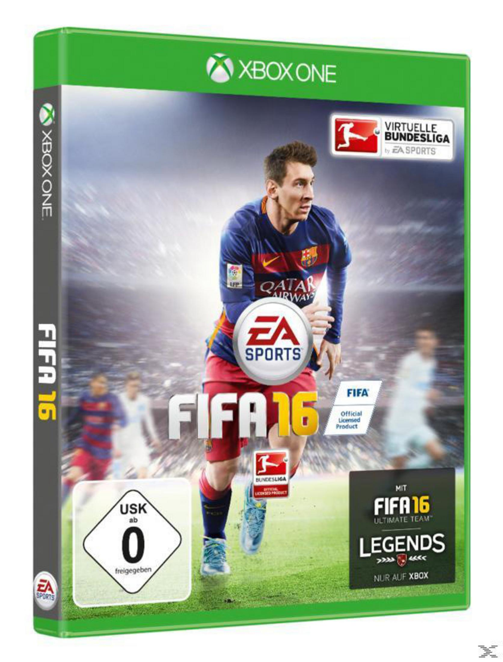 FIFA 16 Xbox One Hülle mit Lionel Messi, Spiel-Logos und Altersfreigabe.