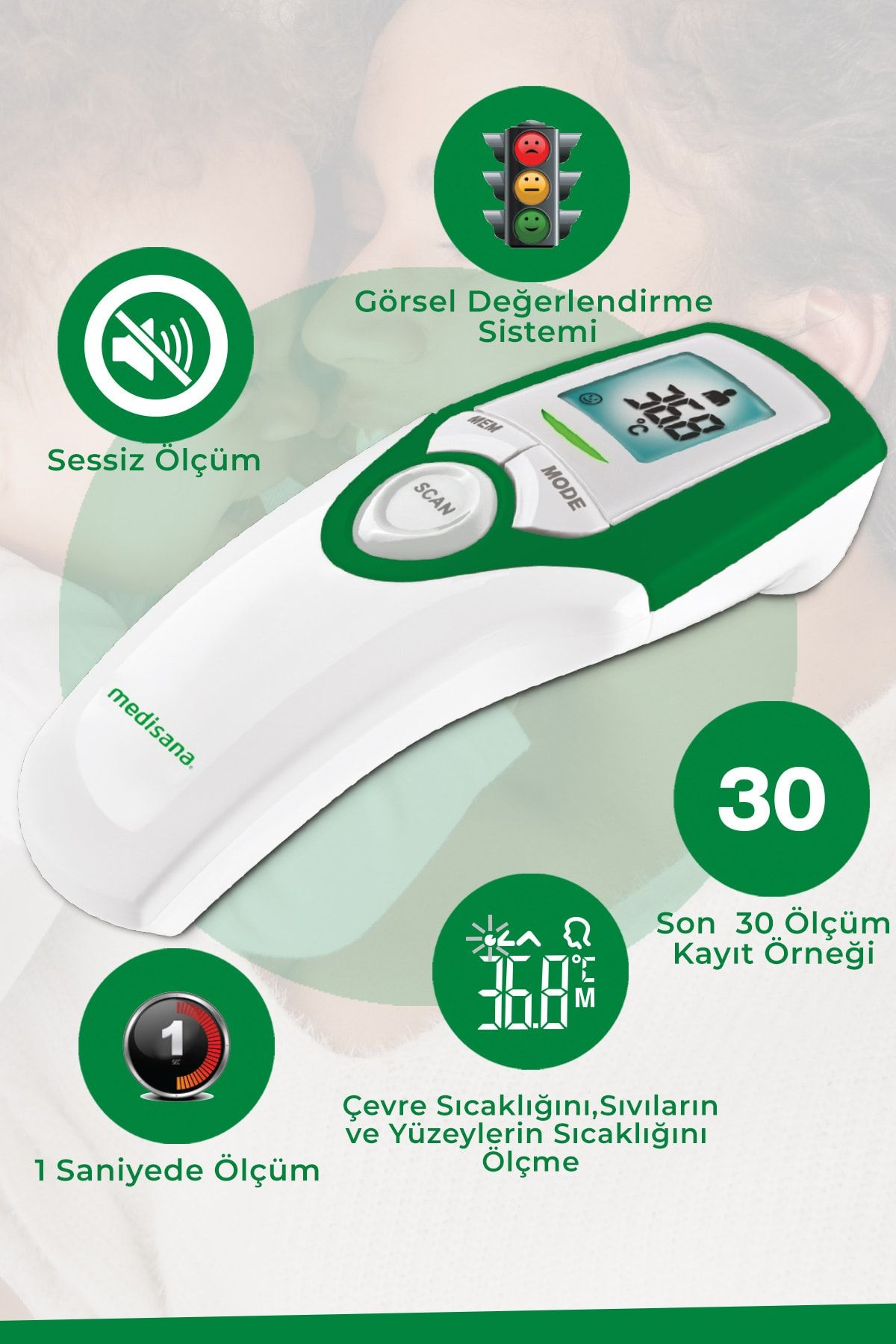 Medisana termometre: Sessiz ölçüm, 1sn ölçüm, 30 hafıza.