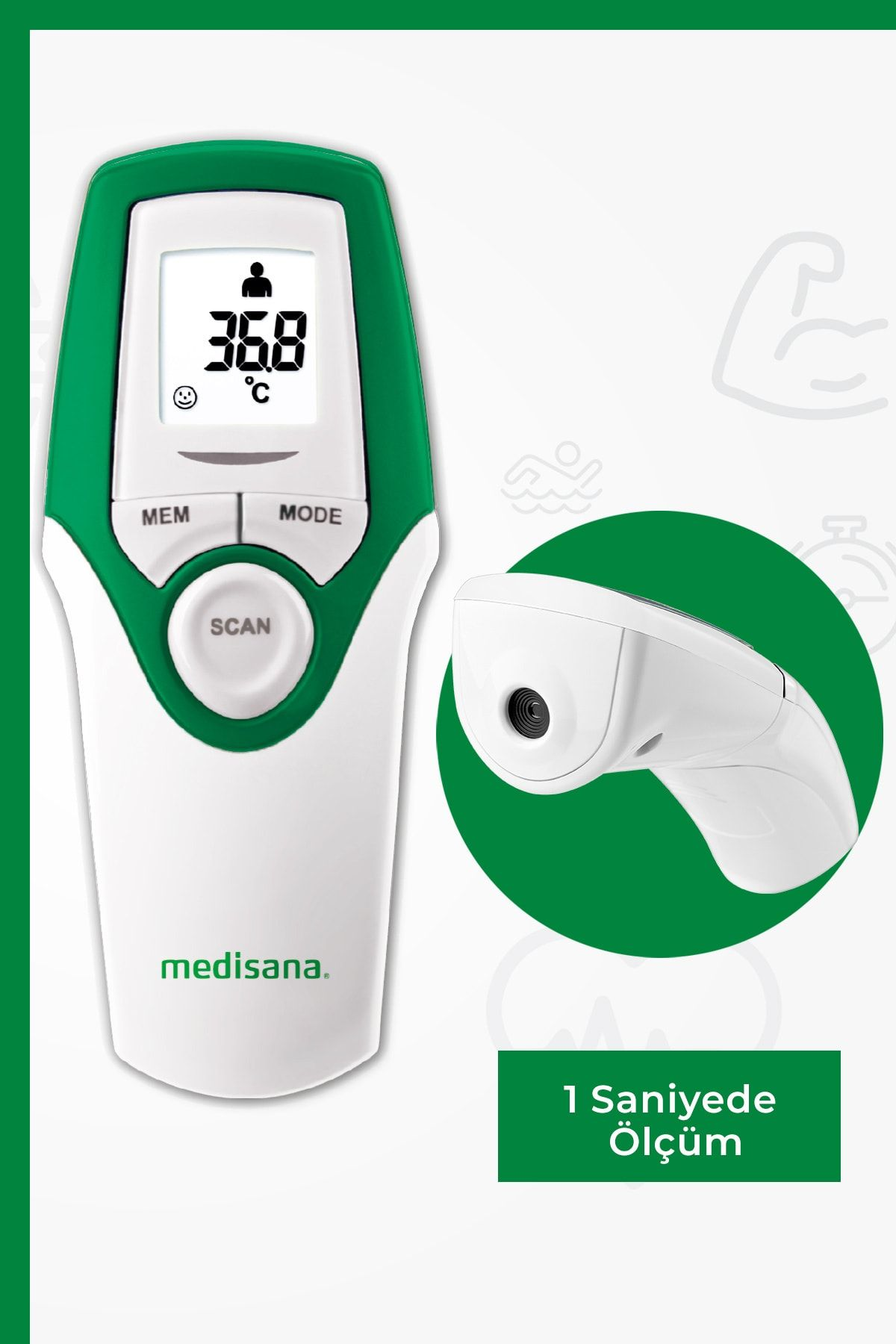 LCD ekranlı ve tarama düğmeli beyaz ve yeşil Medisana termometresi.