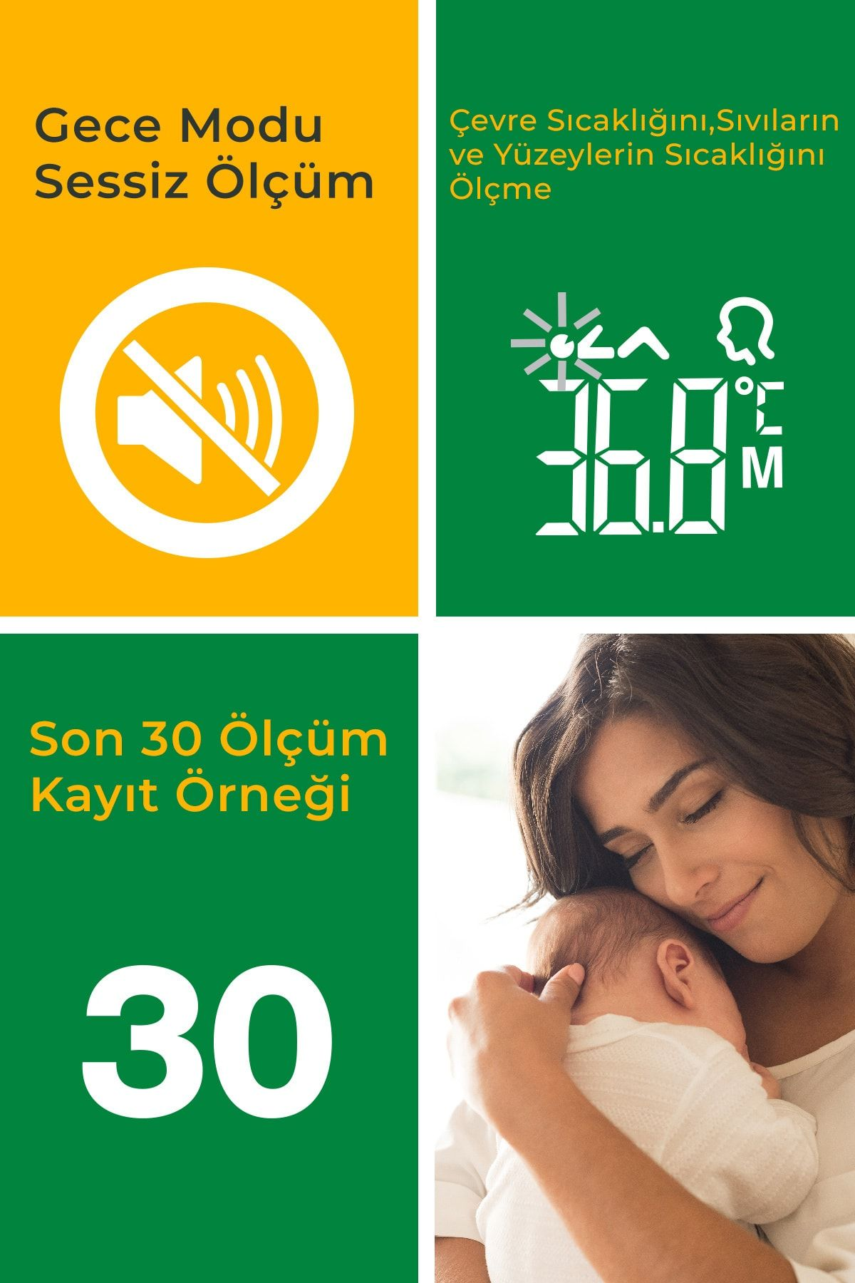 Gece modu, ölçüm, 36.8°C ve anne ve bebekli ekran.