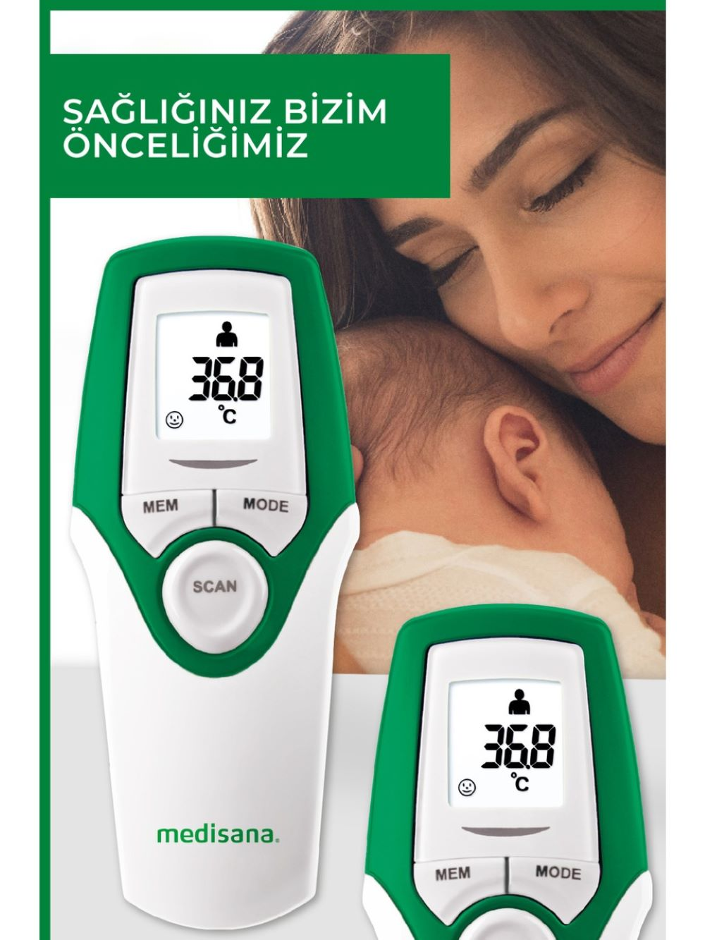 Medisana termometre 36.8°C gösteriyor, yanında bebek tutan bir kadın var.