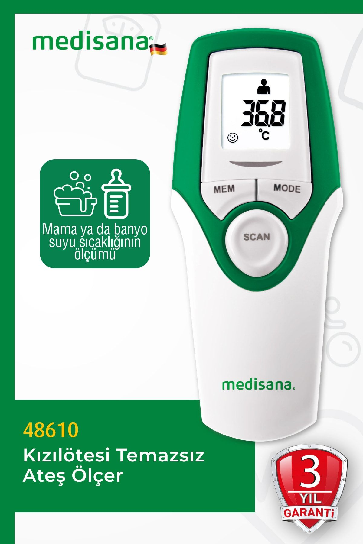 Yeşil ve beyaz Medisana termometre 36.8°C gösteriyor.