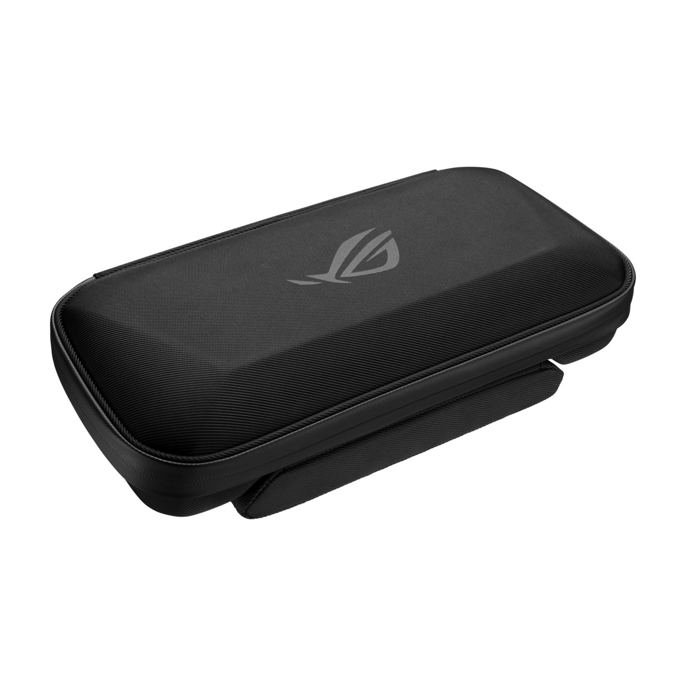 Custodia nera con logo ROG. Superficie testurizzata e chiusura a zip.