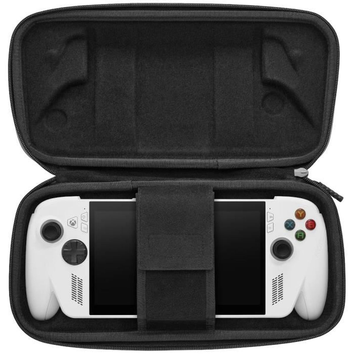 Un dispositivo da gioco portatile bianco dentro una custodia nera aperta.