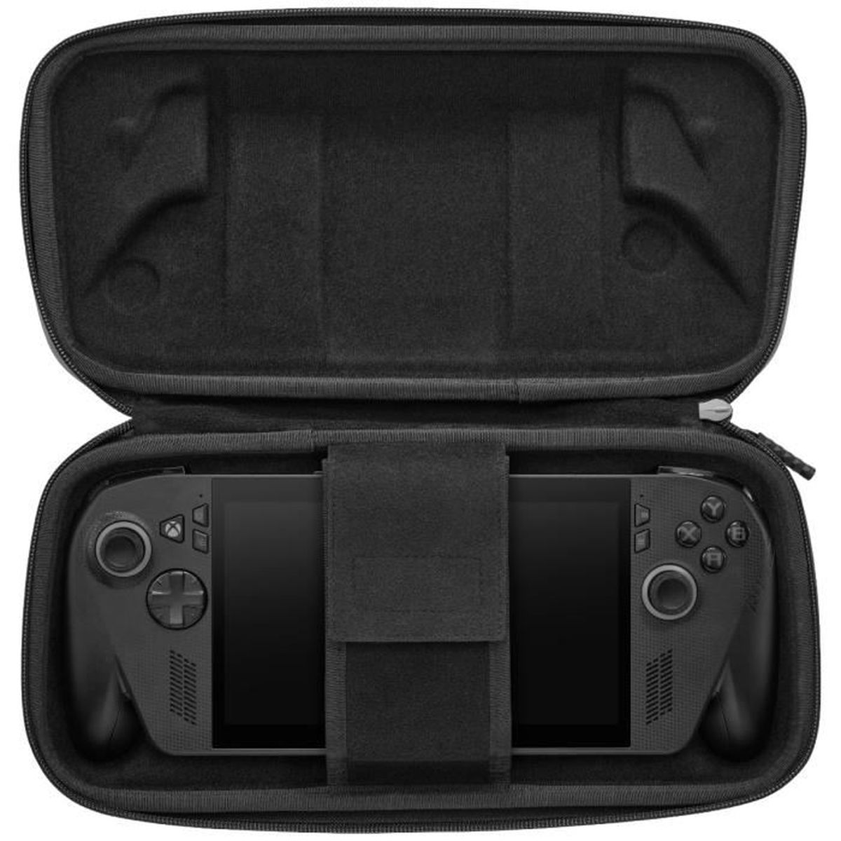 Una custodia rigida nera con un dispositivo di gioco portatile nero all'interno.