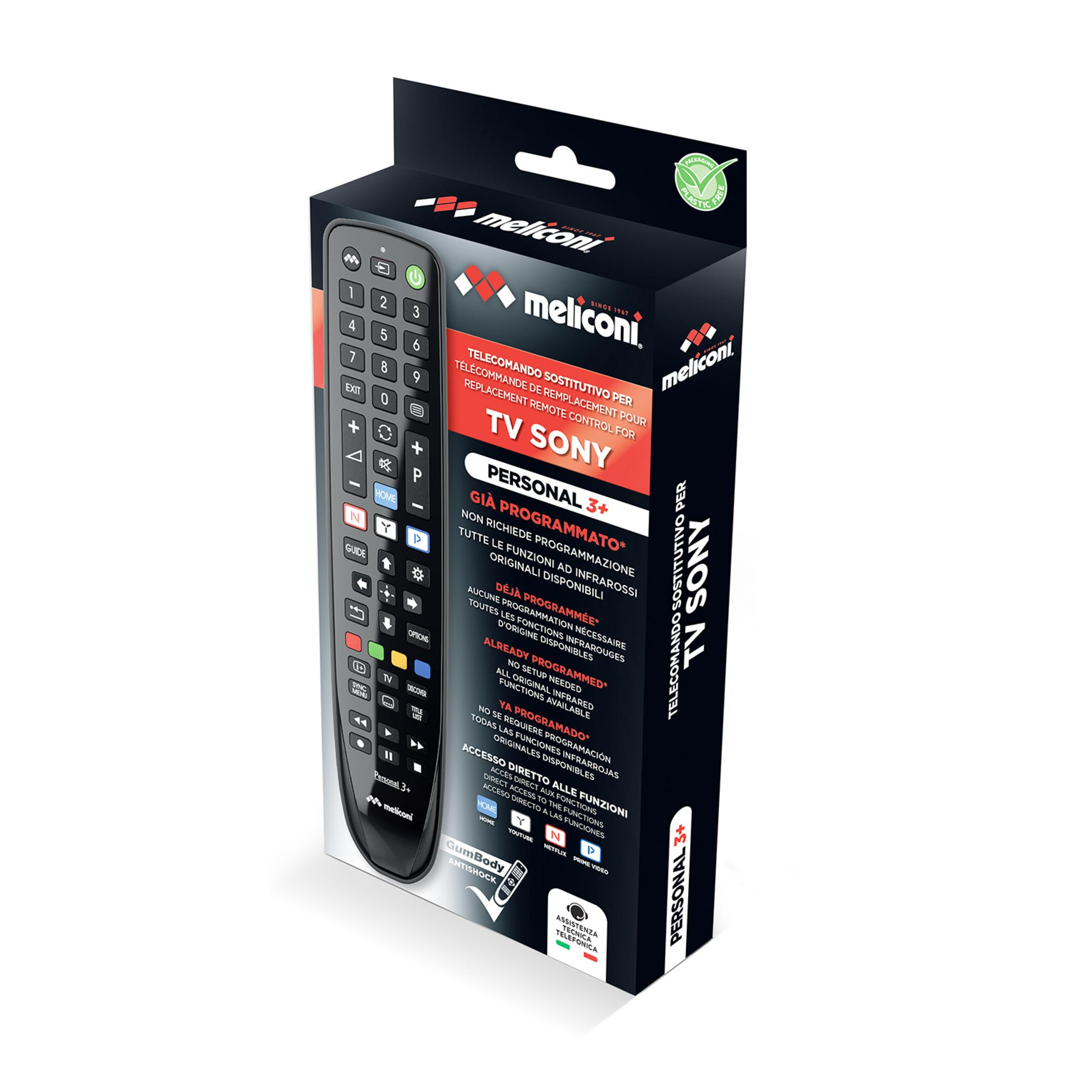 Opakowanie pudełkowe pilota do telewizora Sony. Czarne pudełko z czerwonymi akcentami.