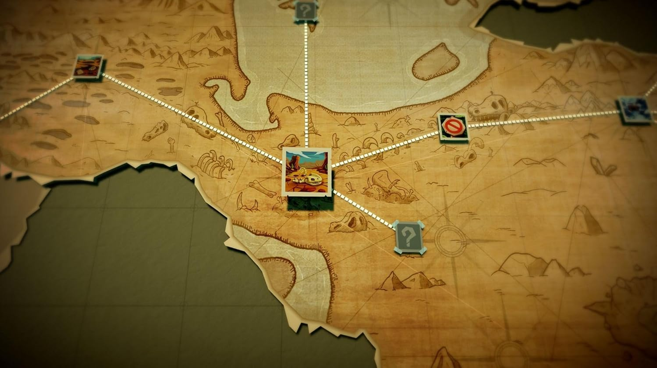 Un mapa del tesoro con huesos de dinosaurio y una imagen de un cráneo de dinosaurio.