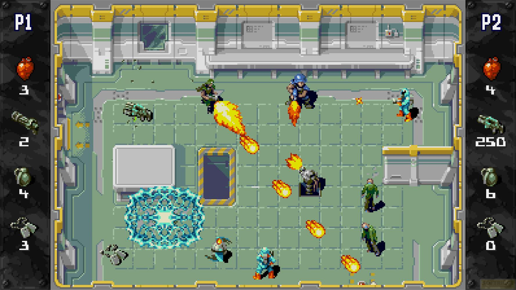Pixel-Art-Kampf in einem futuristischen Raum mit Charakteren, die schießen und explodieren.