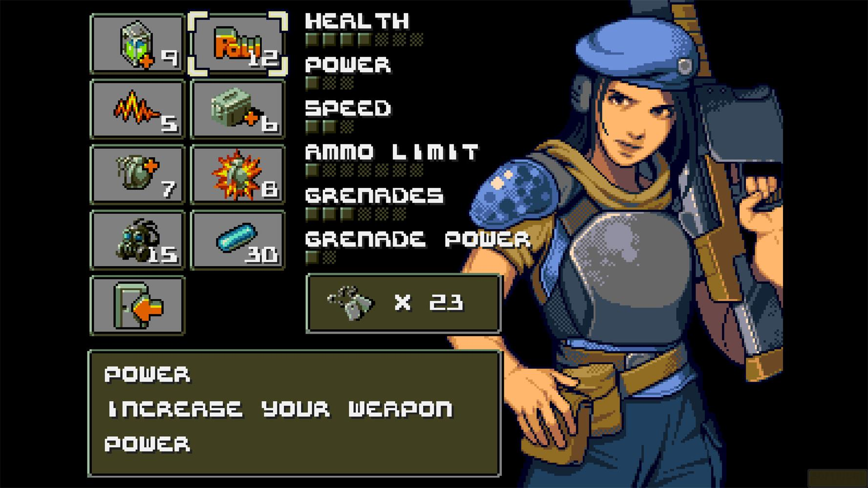 Pixel-Art-Charakter mit Waffenanzeige und Statusbalken. Frau mit Waffe.