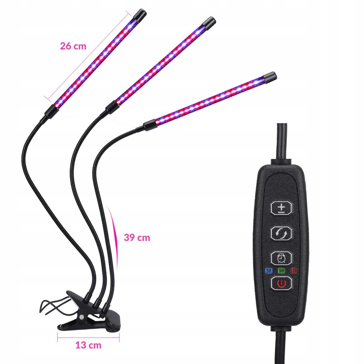 Trzy lampy do roślin na klips z gęsią szyjką i oddzielnym sterownikiem.