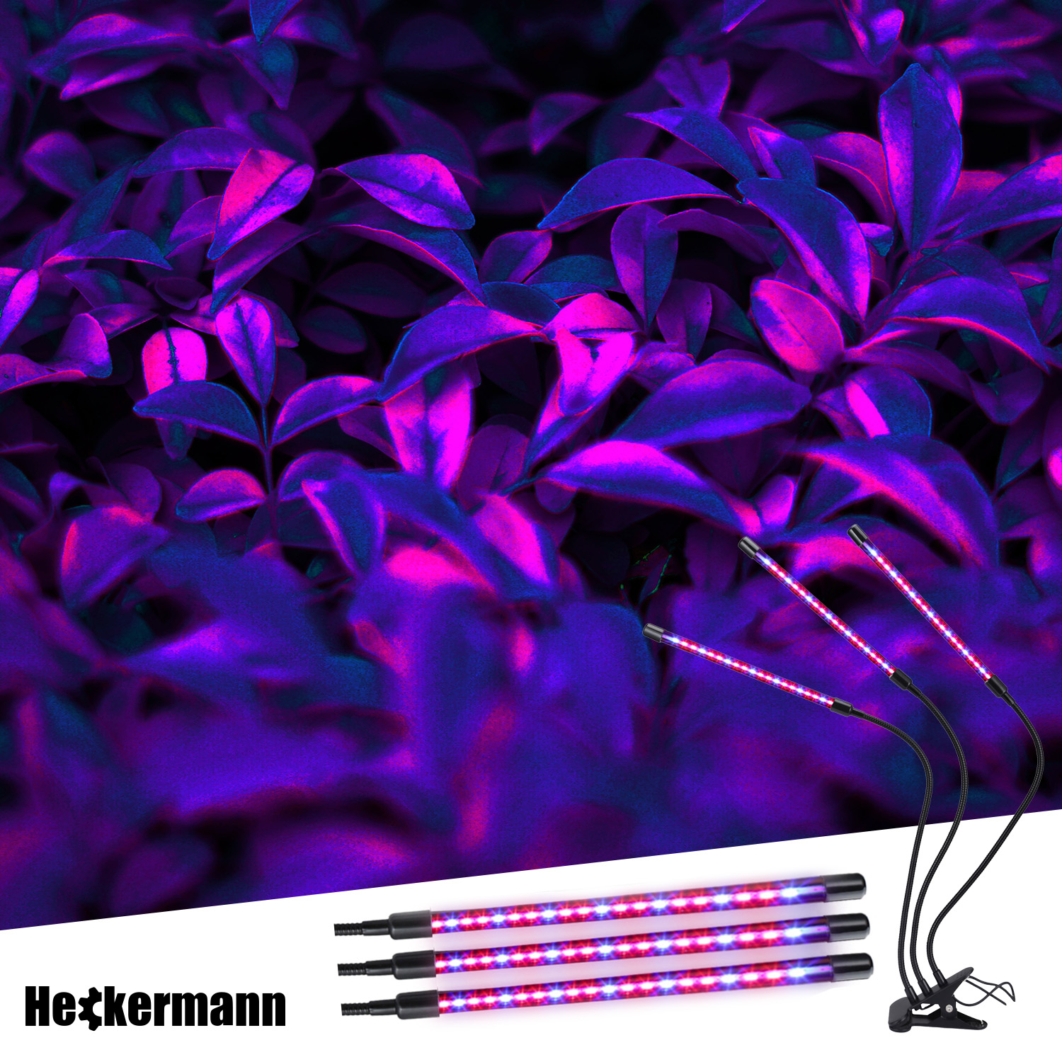 Trzy lampy LED do roślin z elastycznymi ramionami typu gęsia szyja i klipsami. Liście w tle.