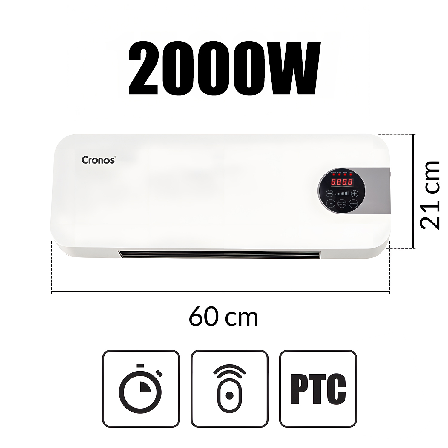 Grzejnik Cronos 2000W, szerokość 60cm, wysokość 21cm, z ikoną timera.