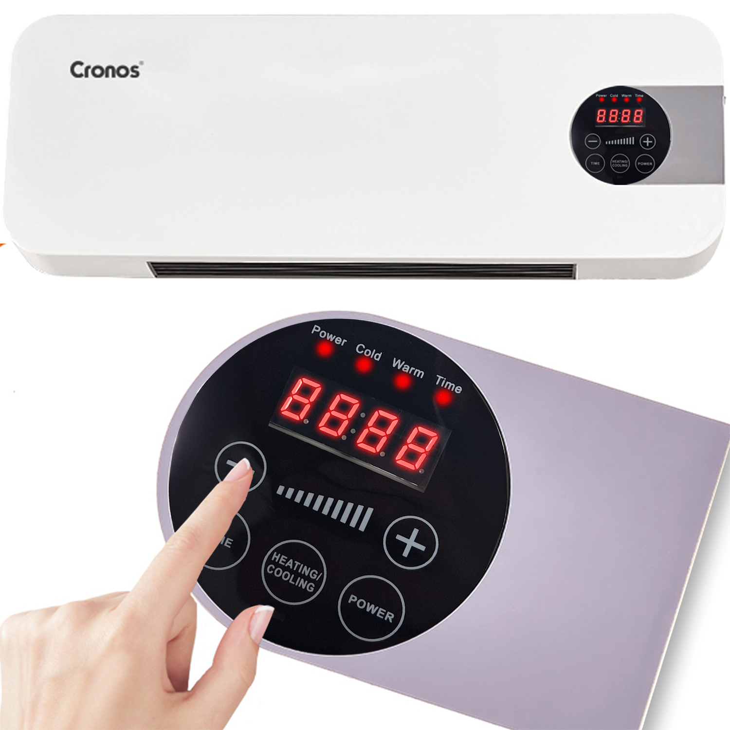 Biały grzejnik Cronos z cyfrowym wyświetlaczem i panelem sterowania. Ręka obsługuje przyciski.