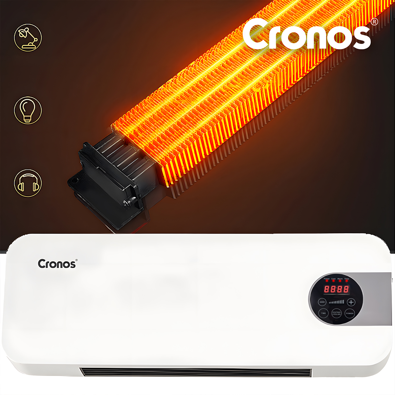 Biały grzejnik Cronos z cyfrowym wyświetlaczem i świecącymi elementami grzewczymi.