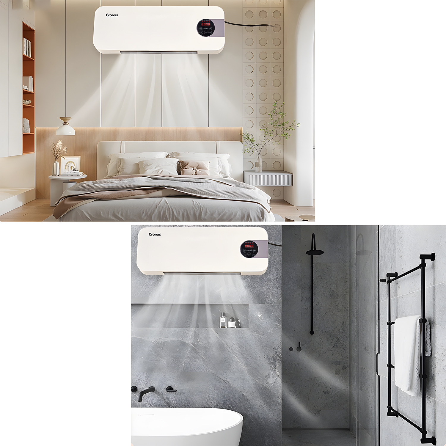 Biały grzejnik Cronos nad łóżkiem i w łazience.