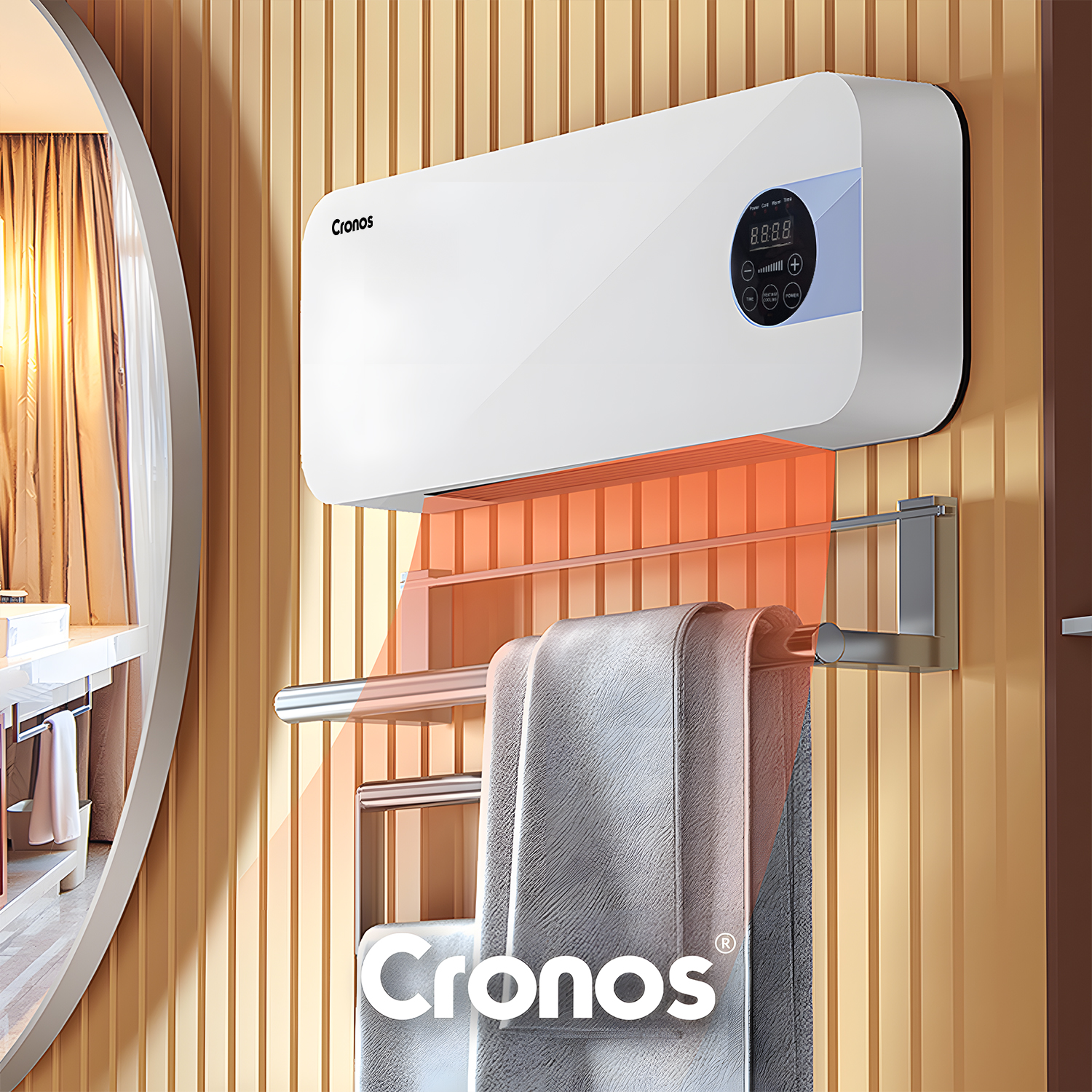 Biały podgrzewacz do ręczników z cyfrowym wyświetlaczem nad szarymi ręcznikami.