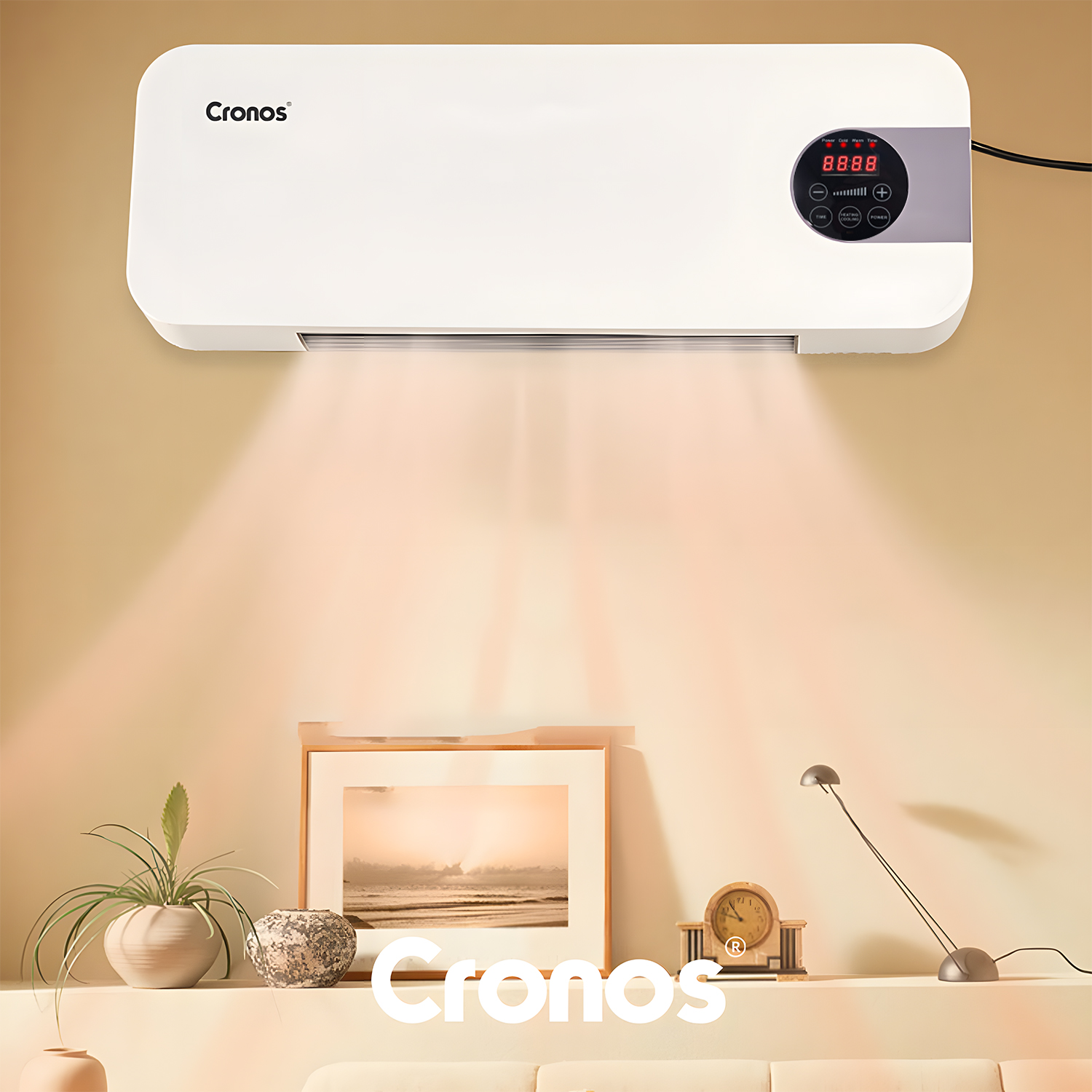 Biały grzejnik Cronos na ścianie z ciepłymi snopami światła, poniżej dekoracje.