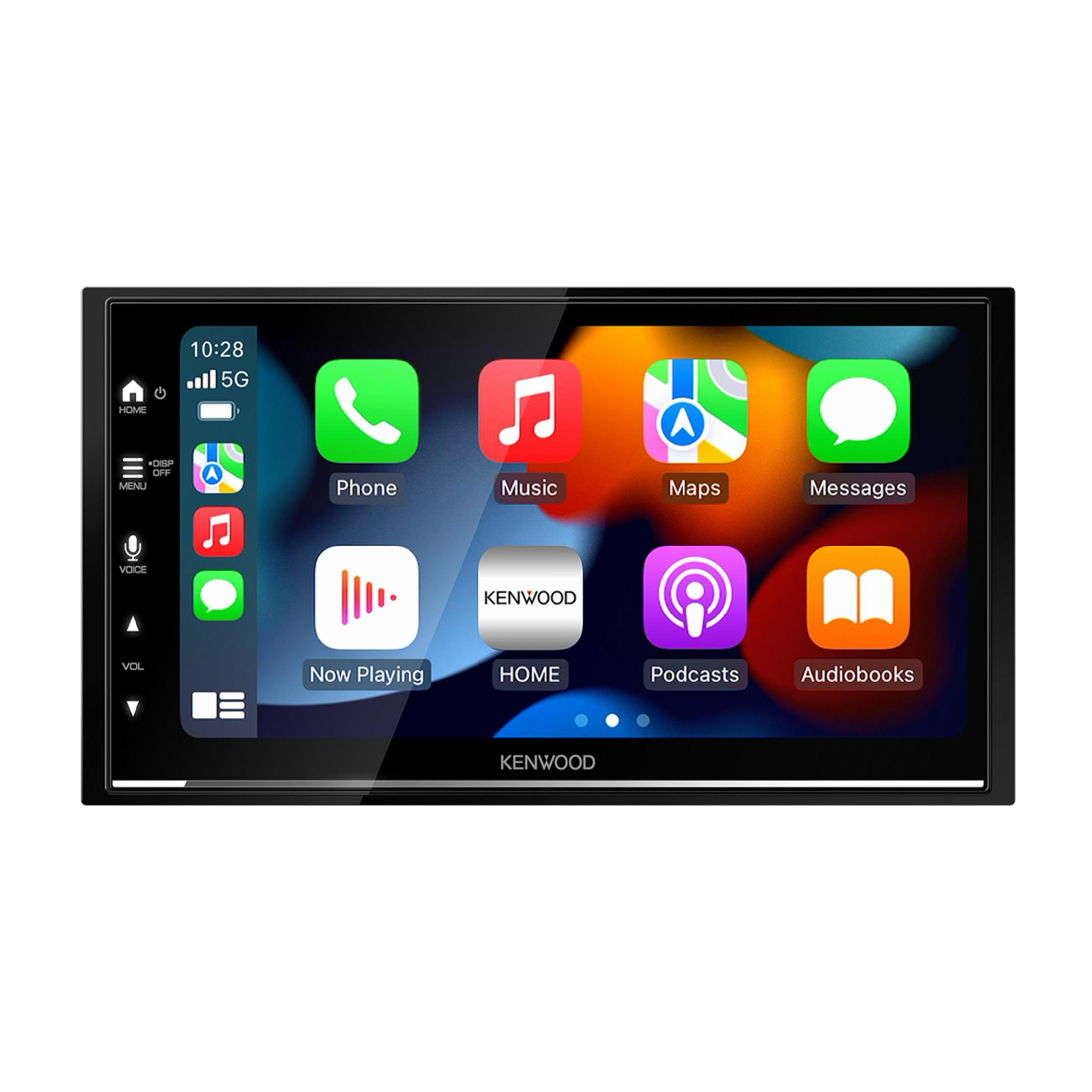 Ein Autoradio-Touchscreen mit App-Symbolen wie Telefon, Musik, Karten und Nachrichten.