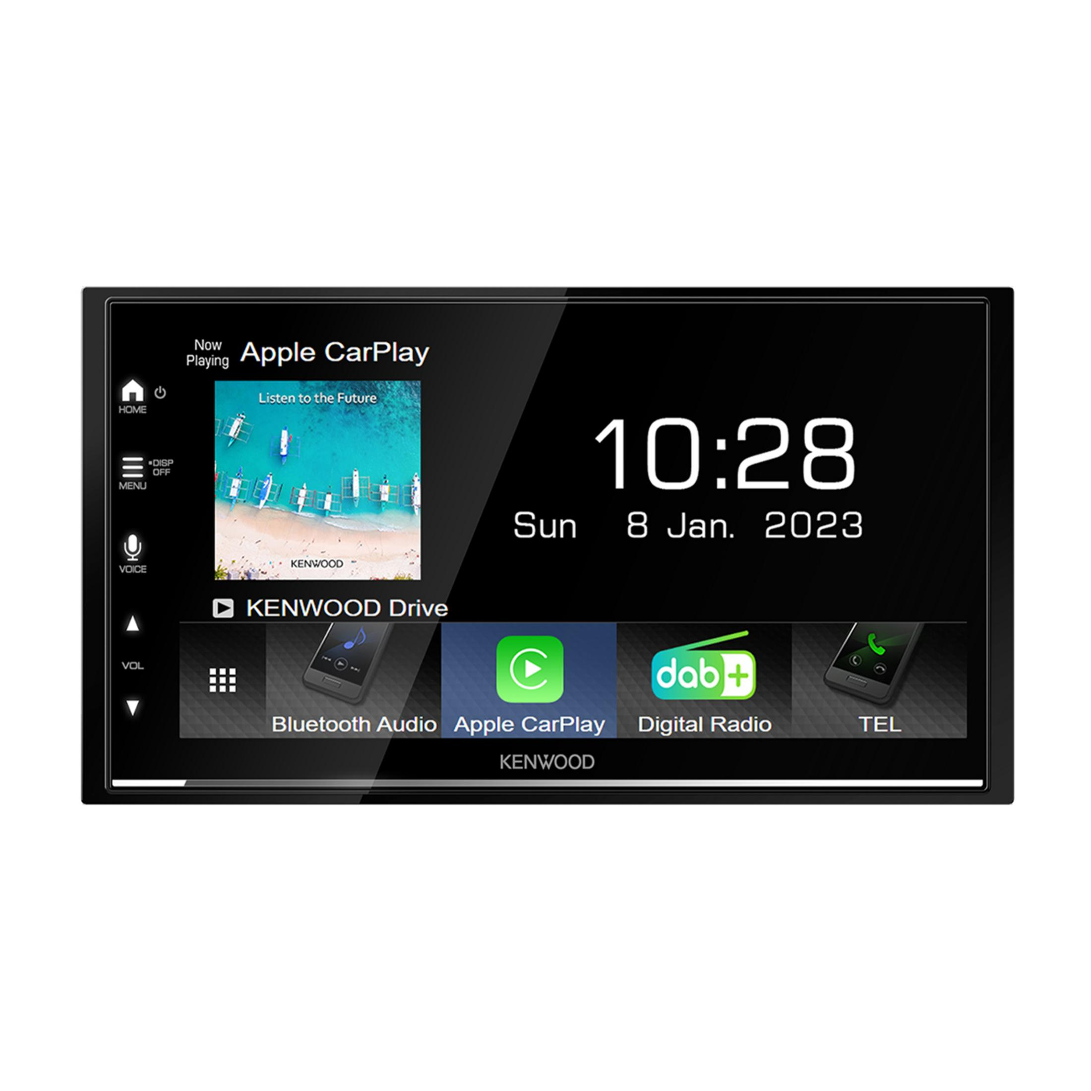 Ein Touchscreen-Autoradio zeigt die Uhrzeit 10:28, Datum und Apple CarPlay an.