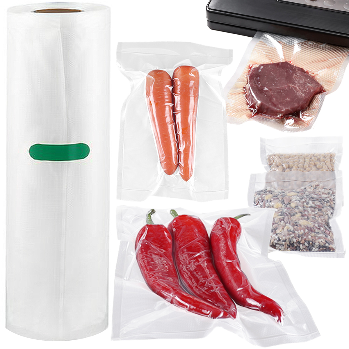 Folia do pakowania próżniowego z marchewkami, papryczkami chili, wołowiną i zbożami.