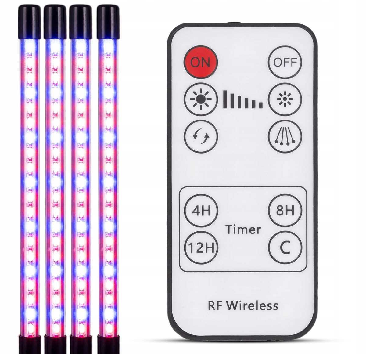 Cztery lampy LED do roślin i pilot zdalnego sterowania z opcjami timera i jasności.