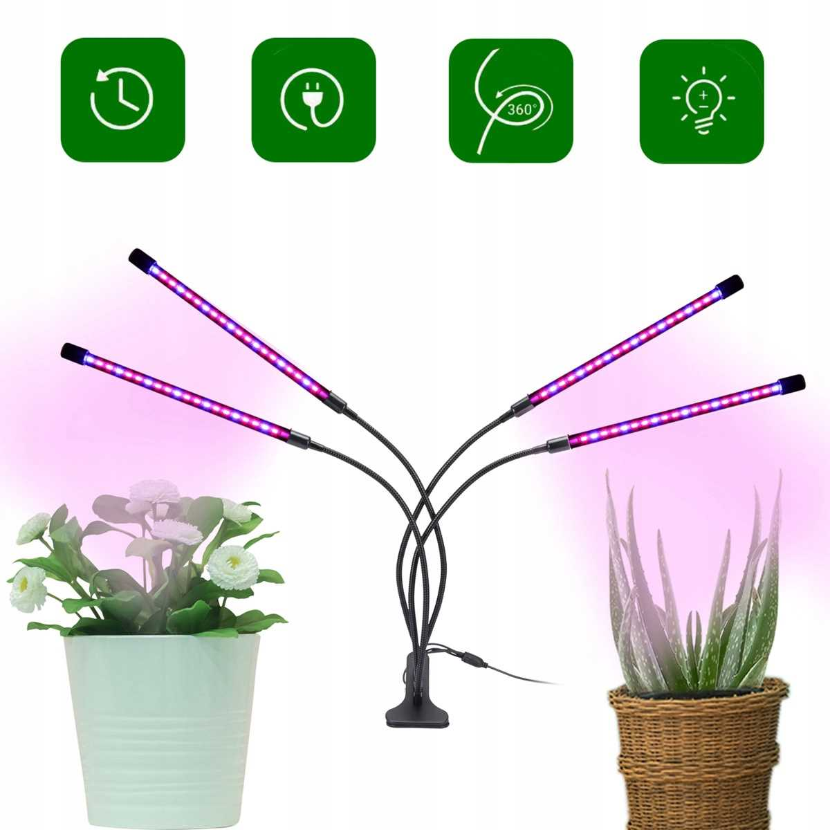 Trzypalczasta lampa do roślin oświetla dwie rośliny światłem niebieskim i czerwonym.