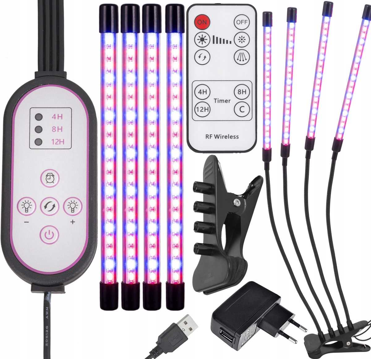 Zestaw lamp do roślin z pilotem, timerem i klipsem.