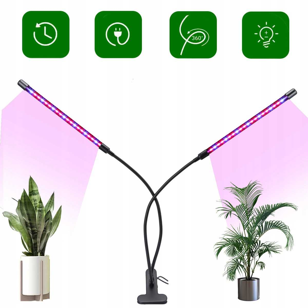 Dwie lampy roślinne z oświetleniem LED nad dwiema roślinami, z ikonami u góry.