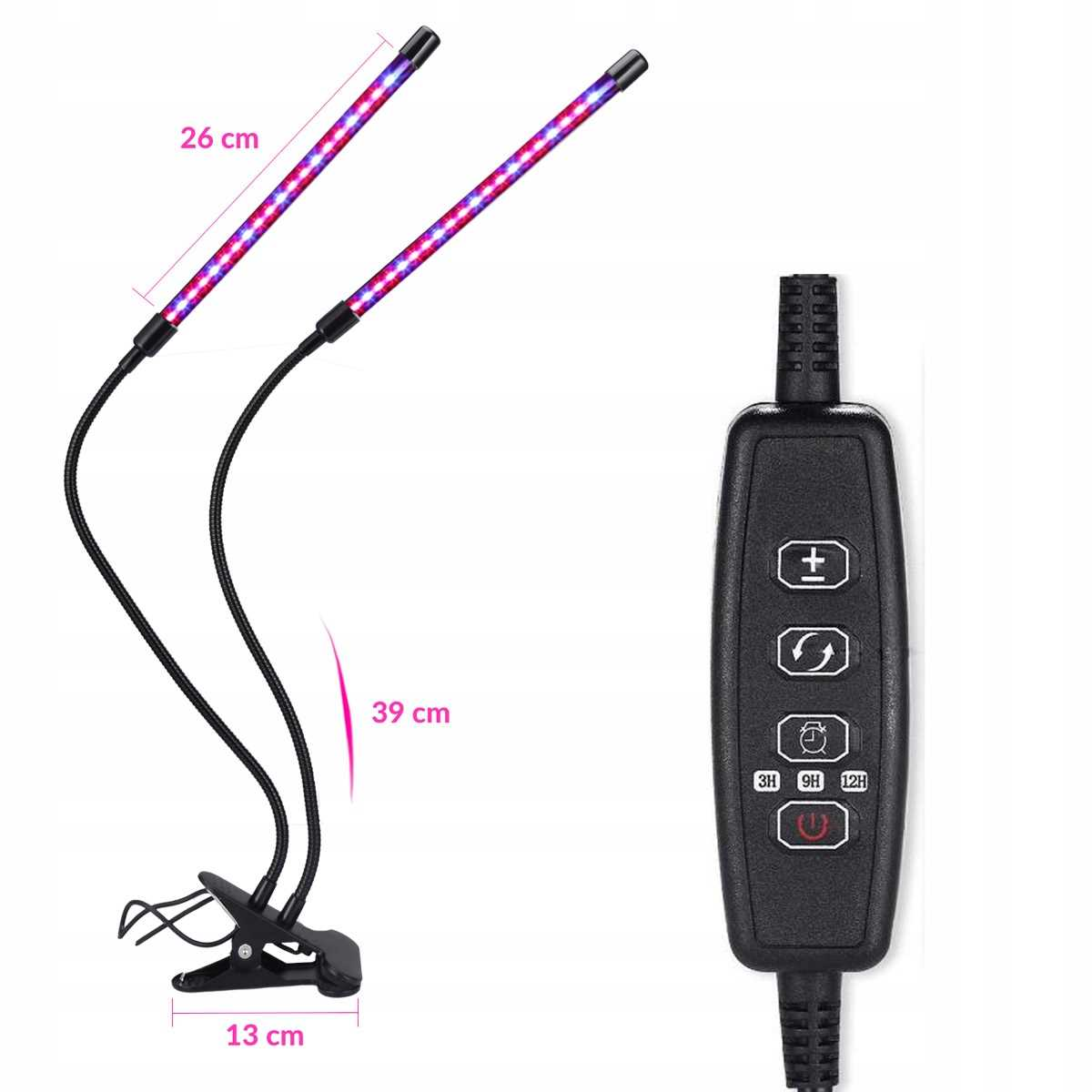 Dwie lampy do roślin z gęsią szyją i klipsami oraz jednostka sterująca.