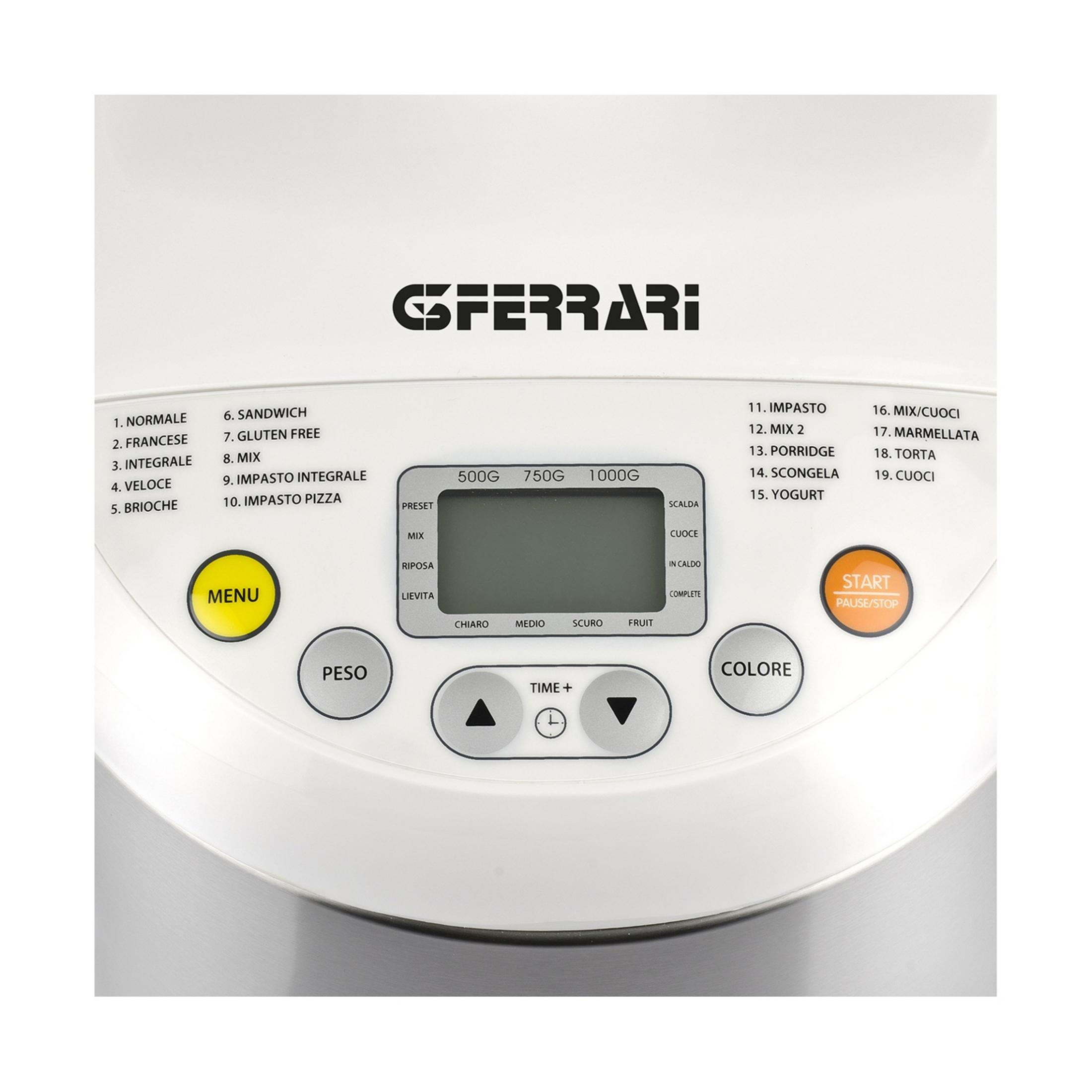 Maszyna do chleba GFERRARI z opcjami menu, wagi i koloru.