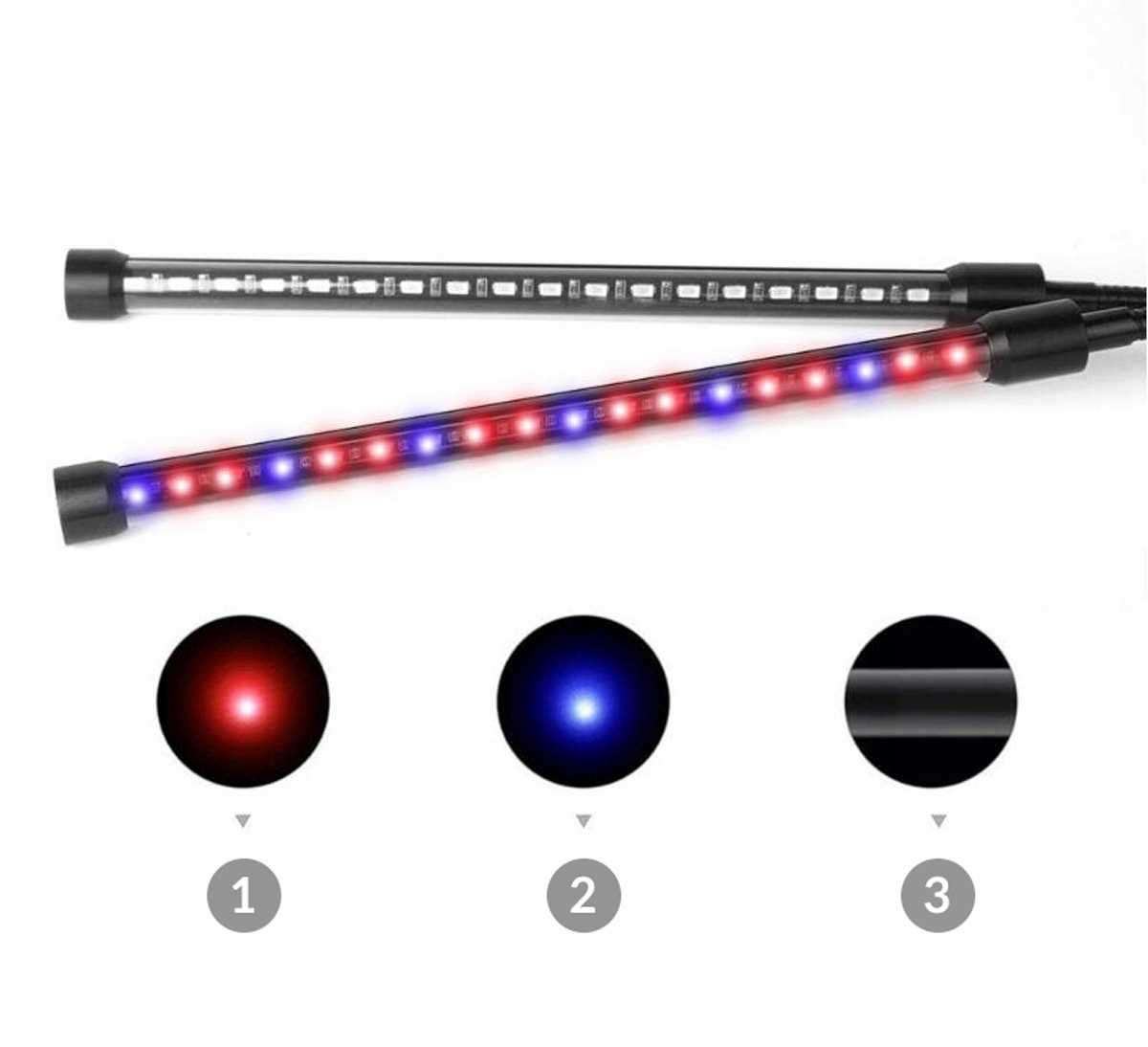 Dwie listwy LED, jedna biała, jedna czerwono-niebieska. Trzy kółka: czerwone, niebieskie, czarne.