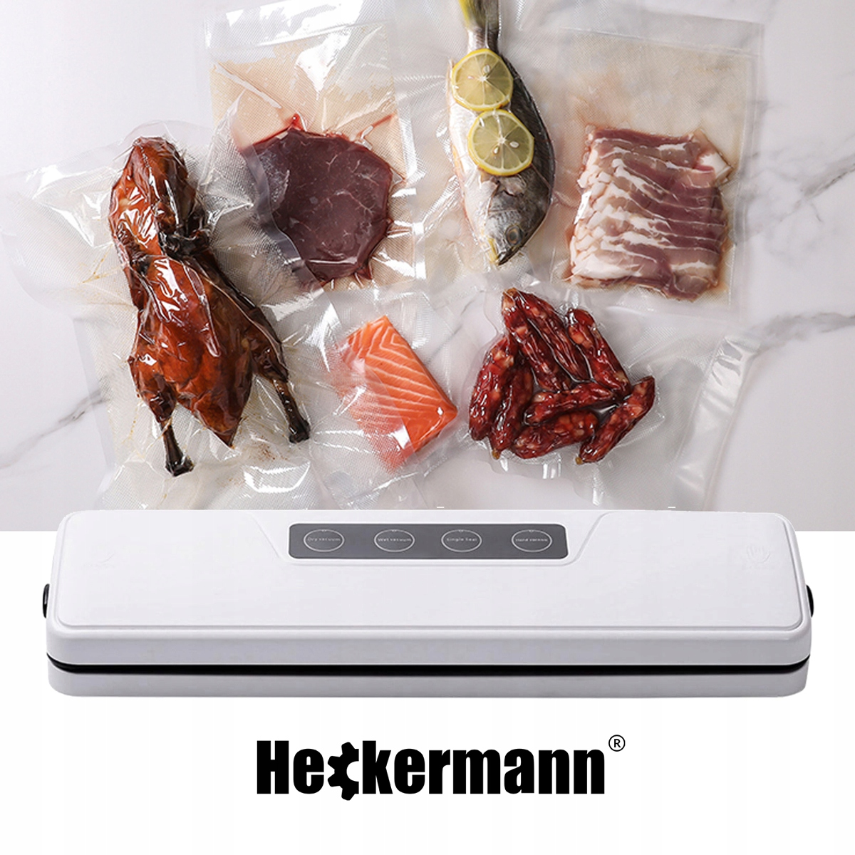 Żywność pakowana próżniowo: kaczka, stek, ryba z cytryną, bekon, łosoś, kiełbaski. Biała maszyna poniżej.