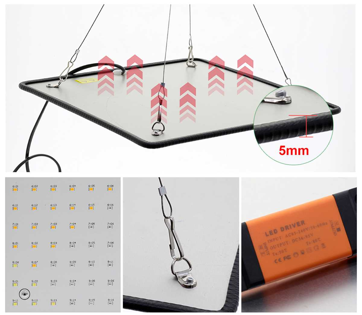 Lampa LED do uprawy z zawieszeniem i widokami szczegółów.