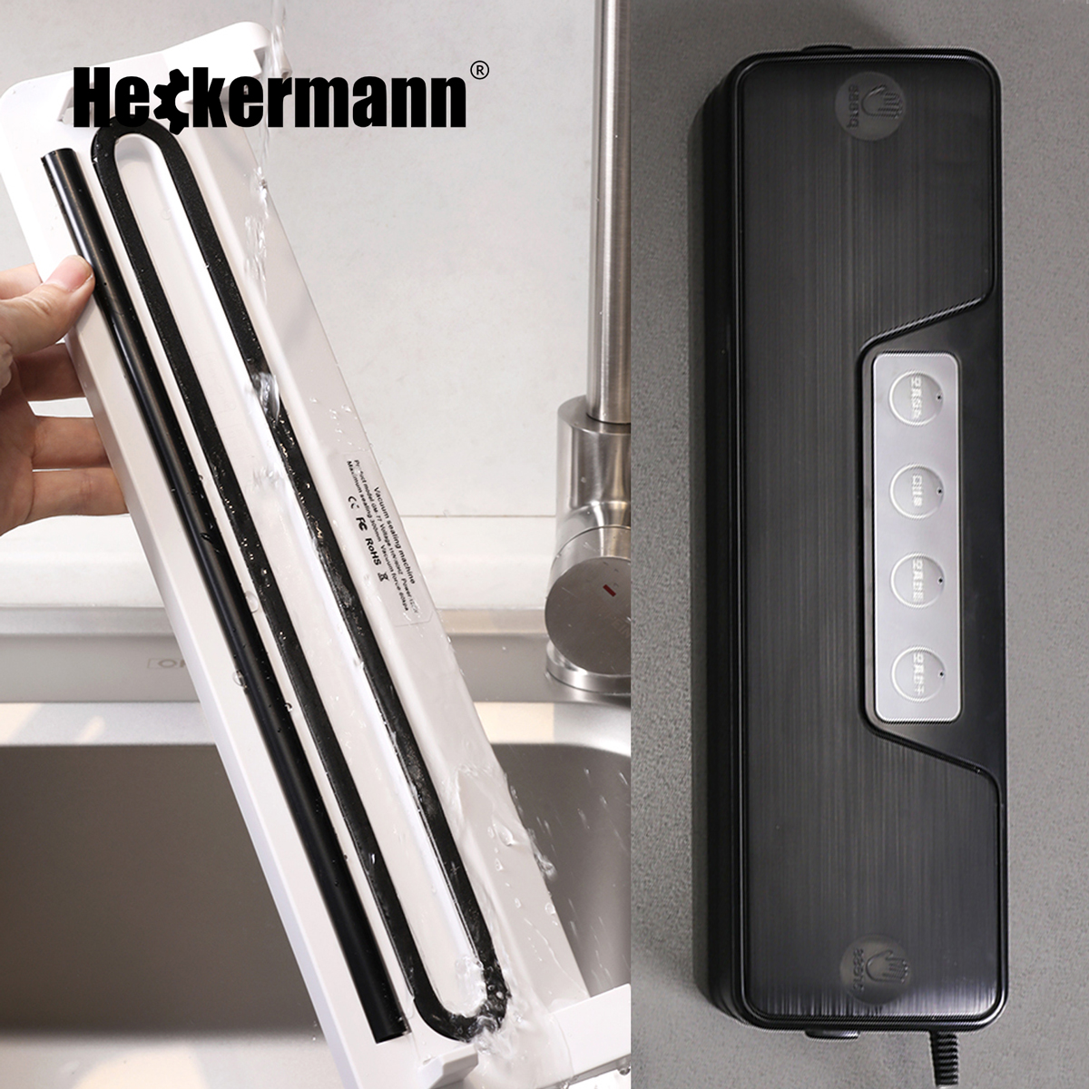 Ręka trzyma białe urządzenie z czarnymi rurkami; płynie woda.