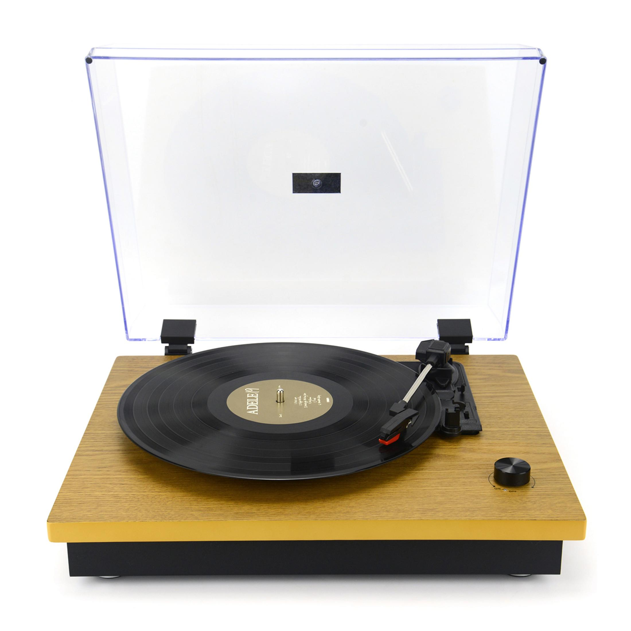 Un tocadiscos con un disco de vinilo negro y tapa transparente sobre fondo blanco.