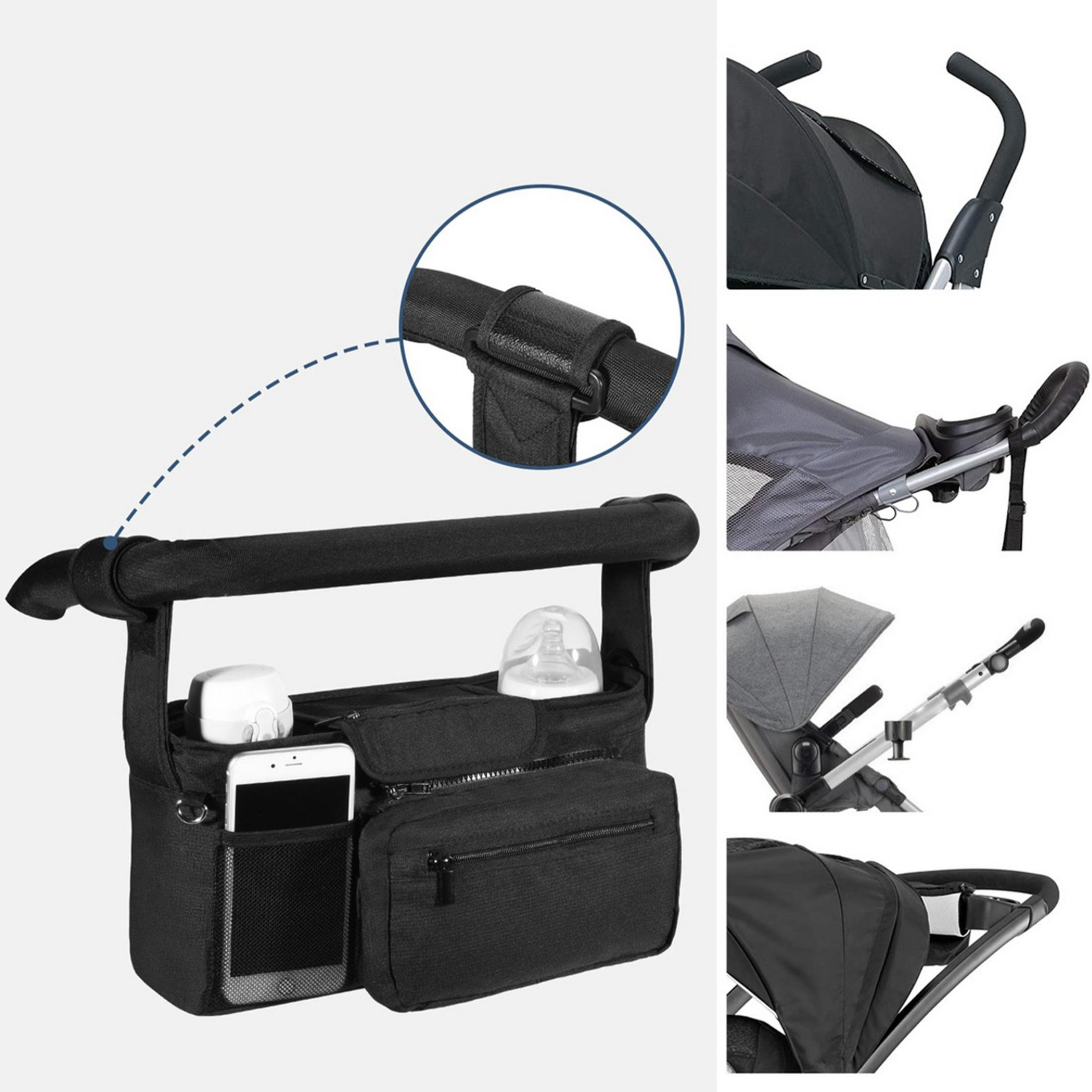 Organizer nero per passeggino con portabicchieri e tasca.