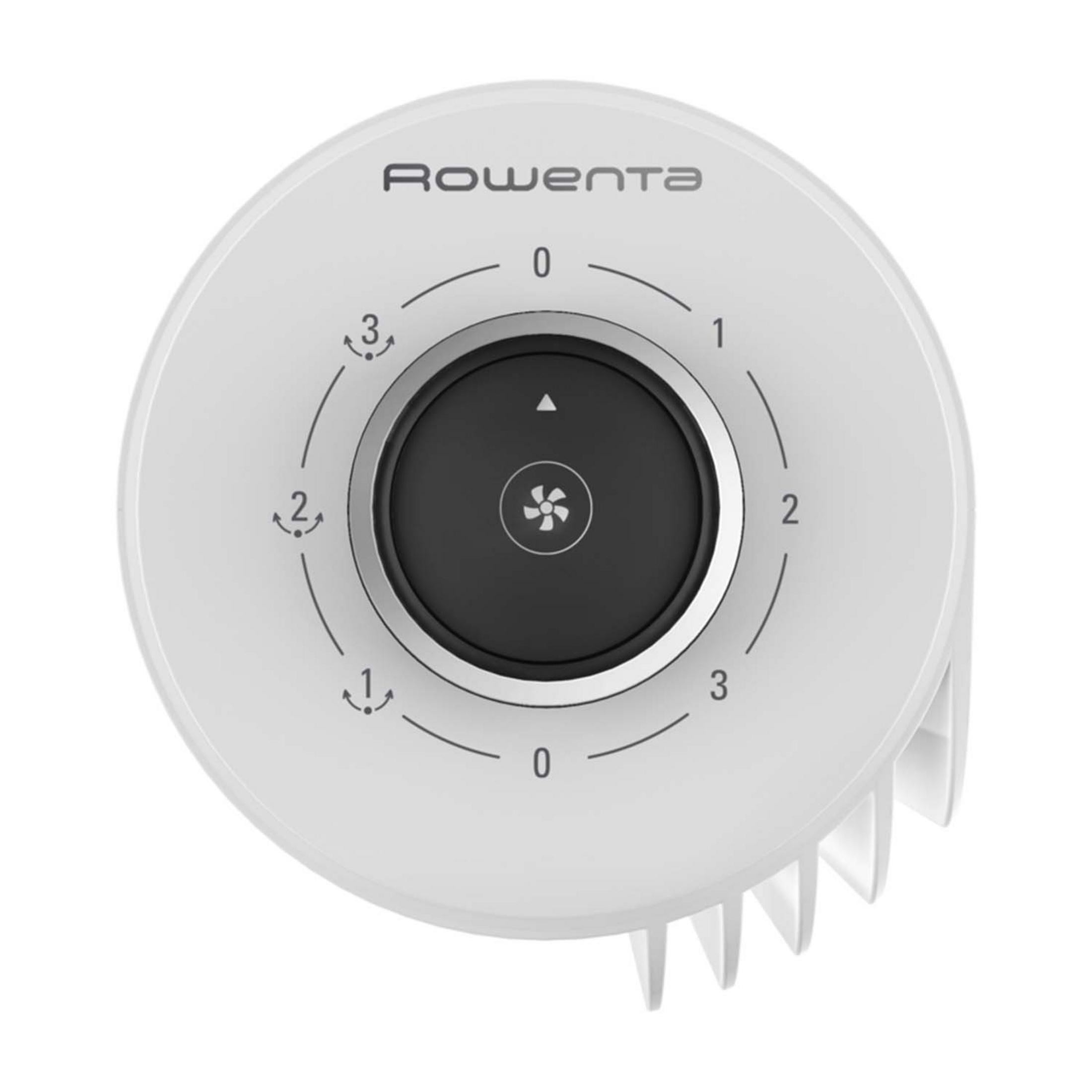 Logo Rowenta sobre dial negro con símbolo de ventilador y números 0-3.