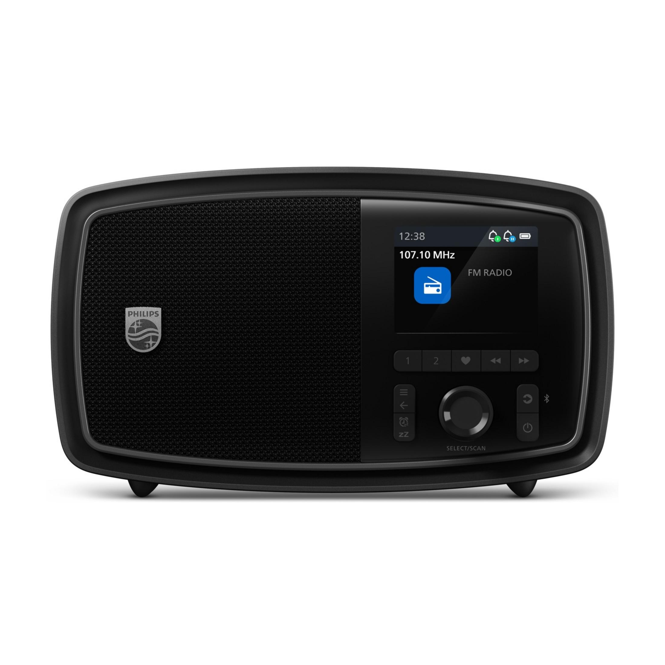 Une radio numérique Philips noire avec écran, boutons et grille de haut-parleur.