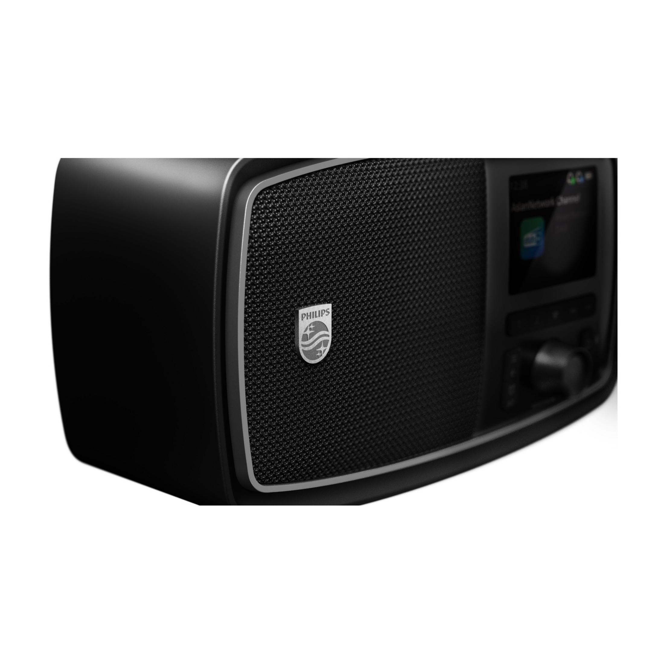 Radio-réveil Philips noir avec écran et bouton rotatif.