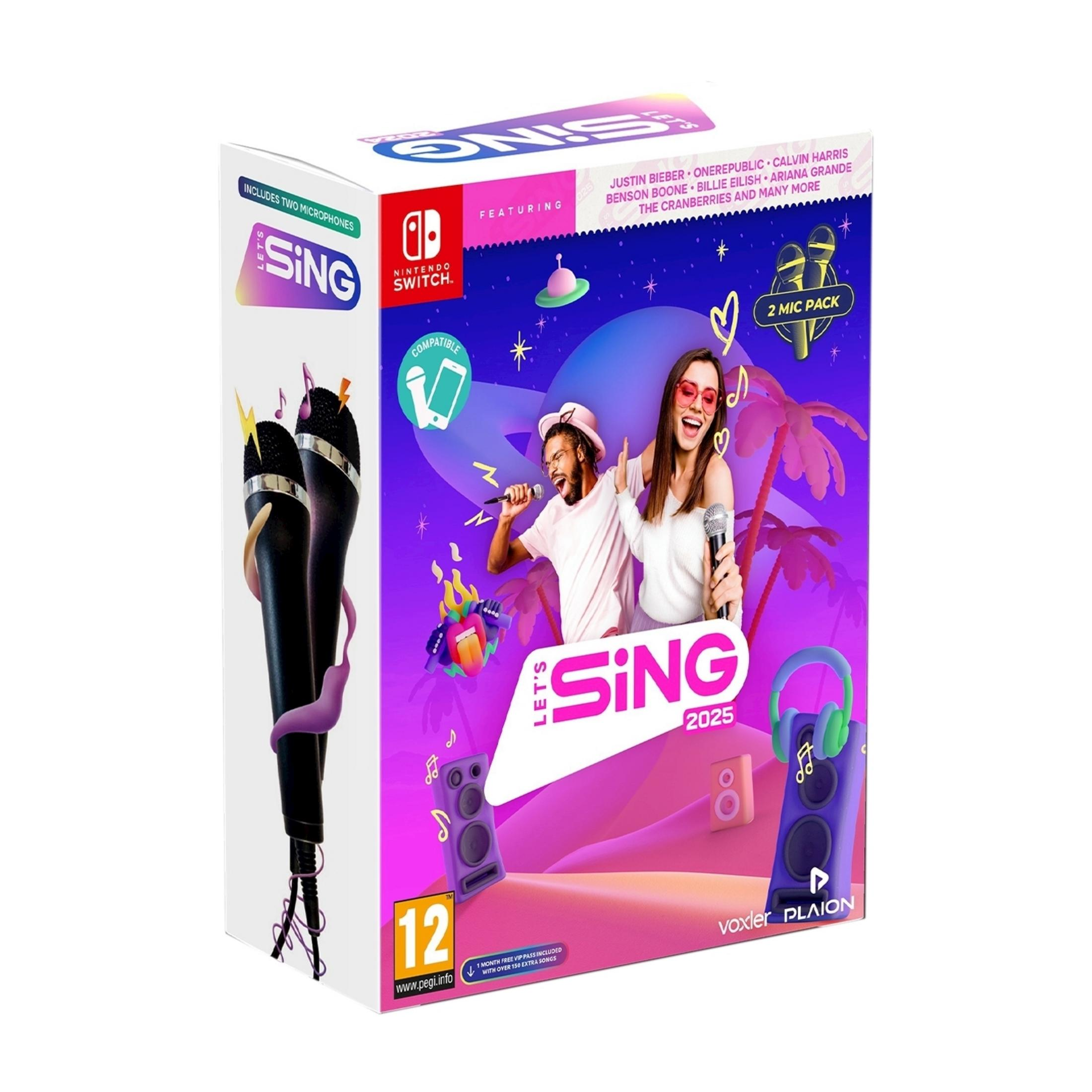 Scatola del gioco Let's Sing 2025 per Nintendo Switch con microfoni e nomi artisti.