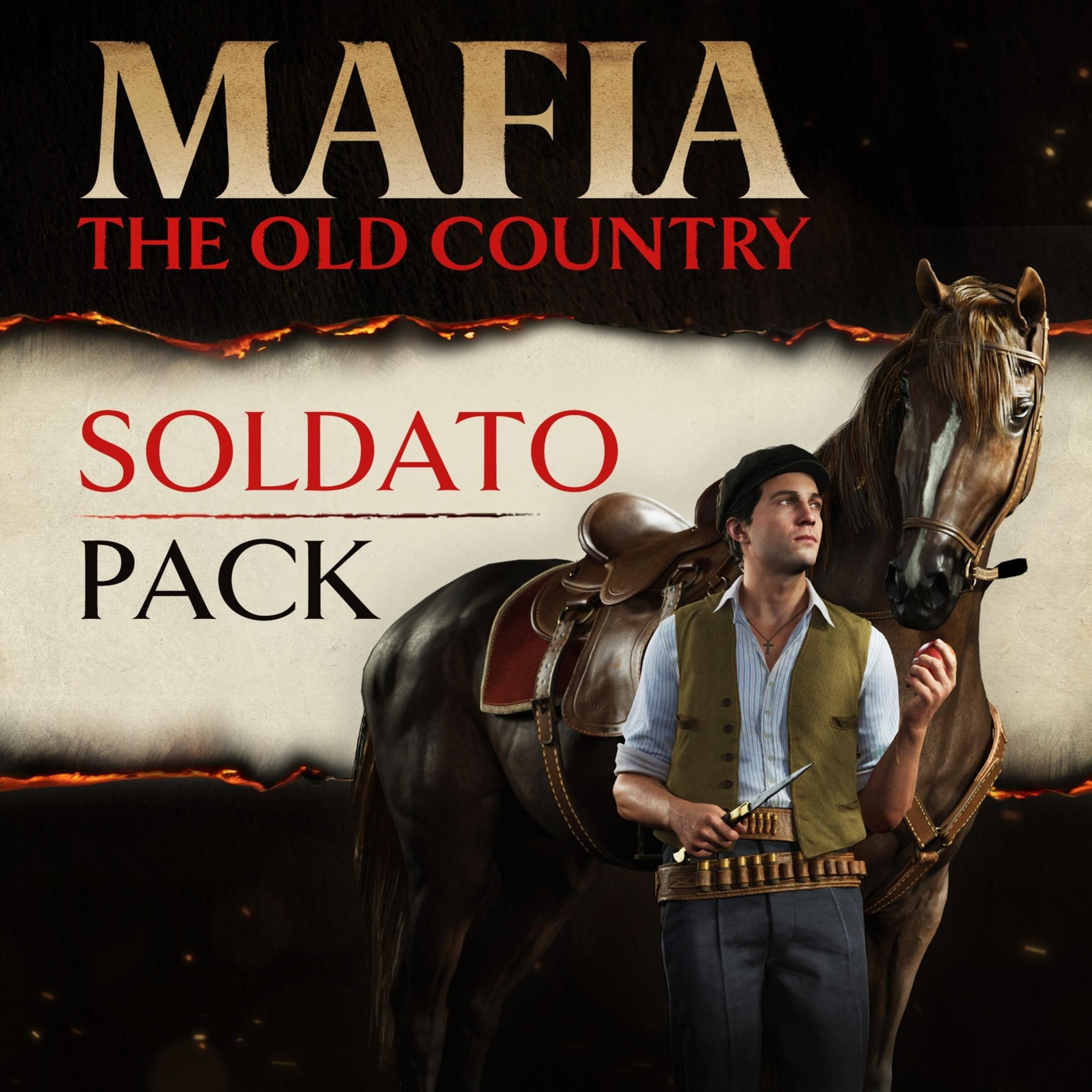 Hombre con chaleco junto a caballo, sosteniendo un cuchillo. Título del juego arriba.