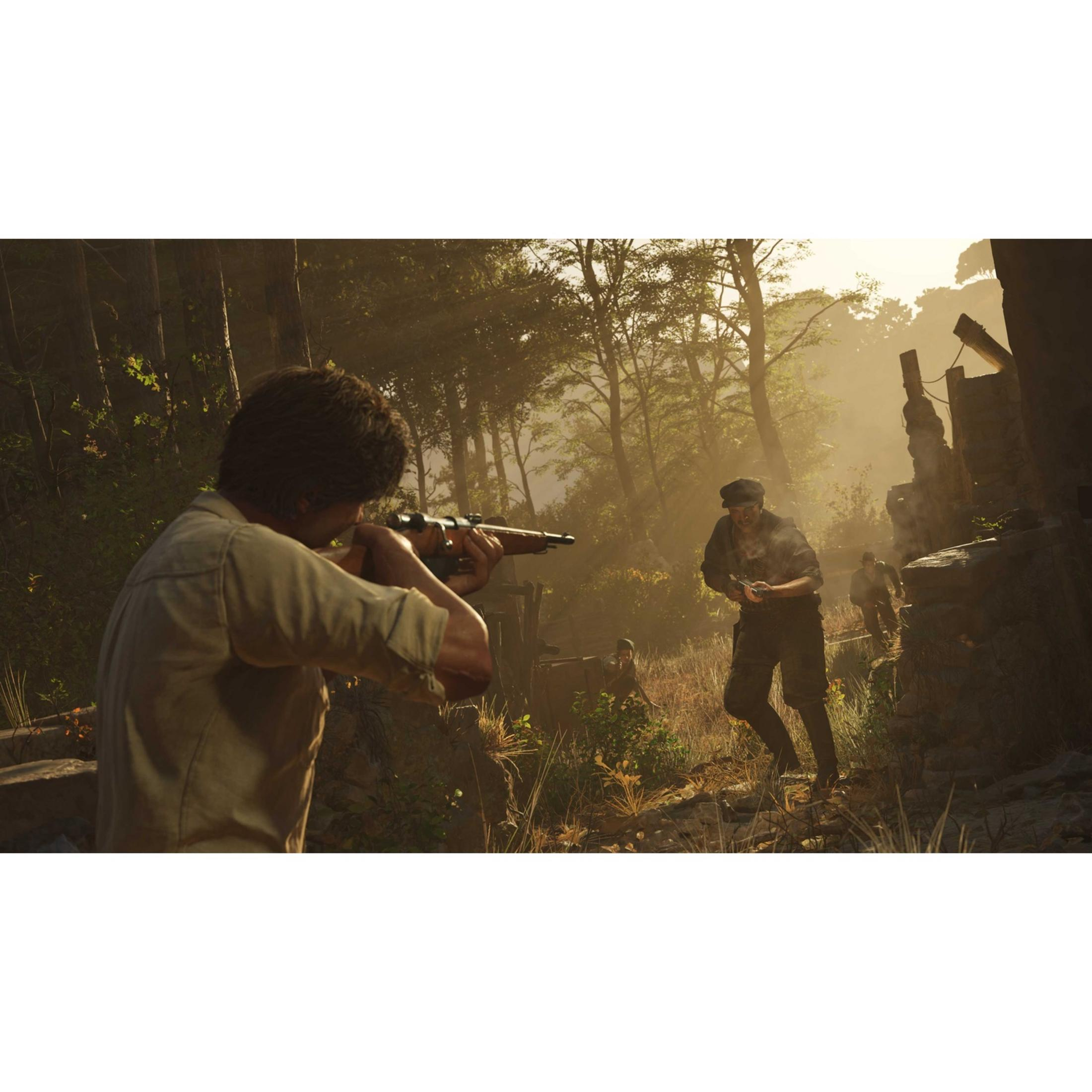 Dos soldados en una ruina iluminada por el sol, uno apunta con un rifle.
