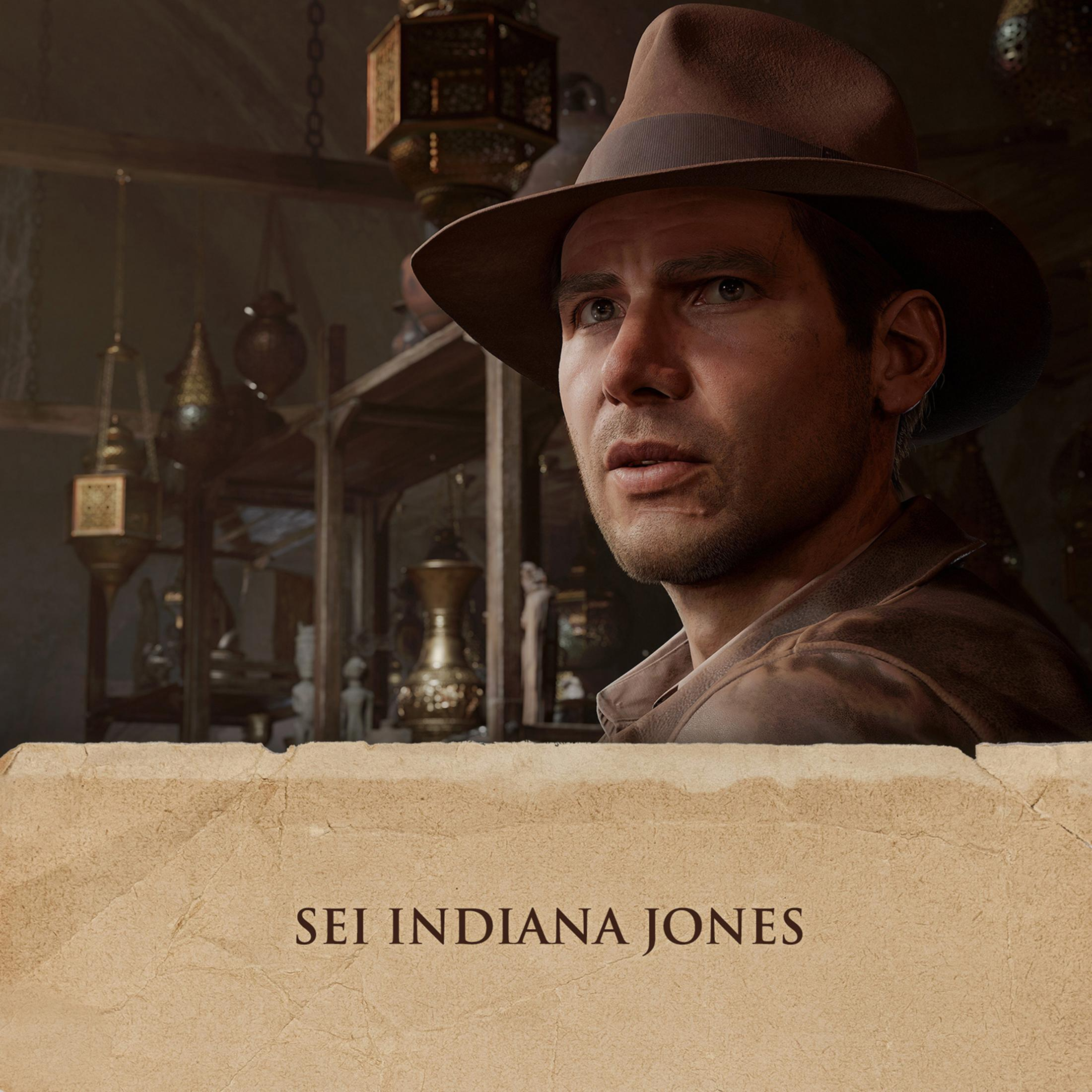 Indiana Jones con cappello marrone e giacca di pelle, in una stanza piena di antichità.