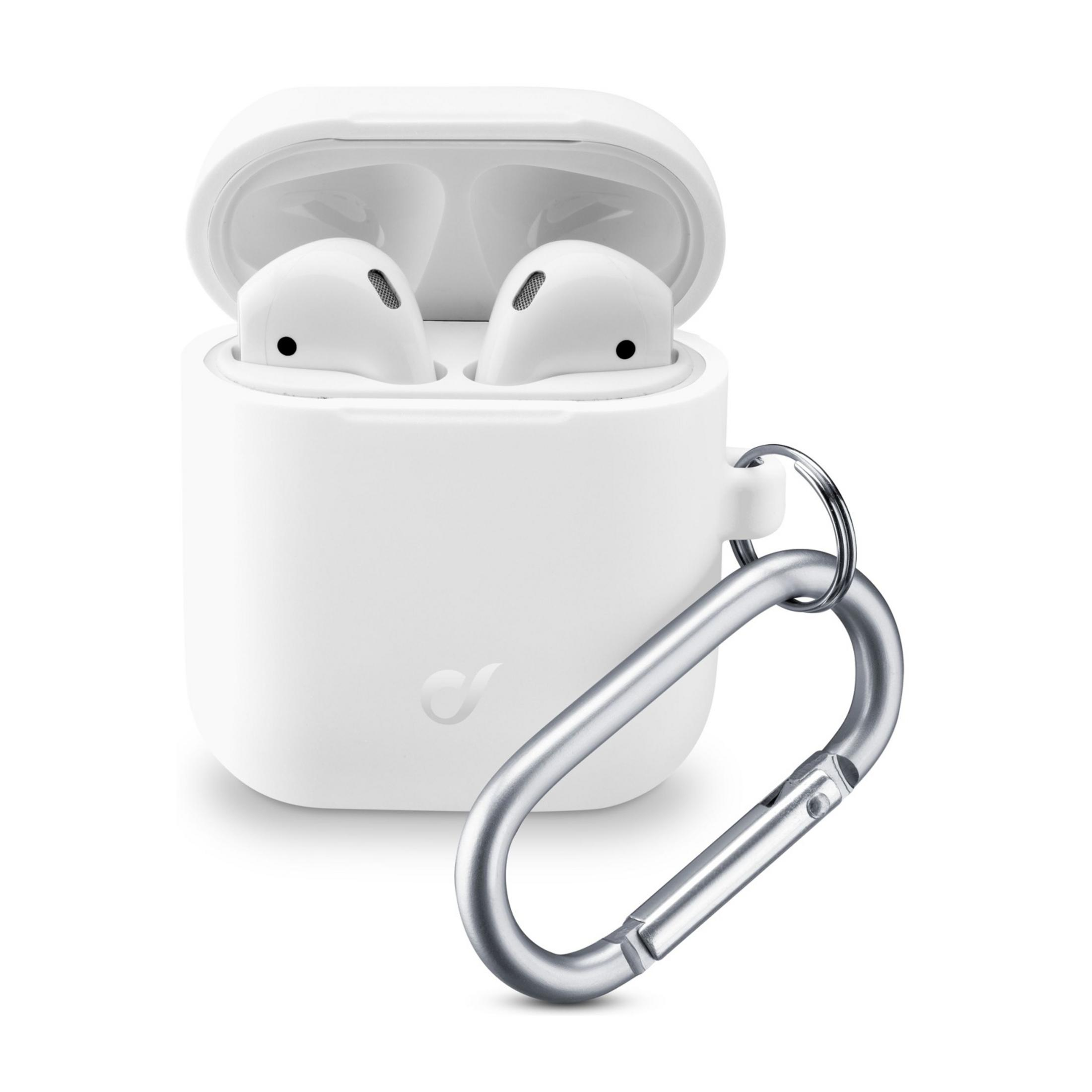 Auricolari wireless bianchi in una custodia di ricarica bianca con moschettone argentato.