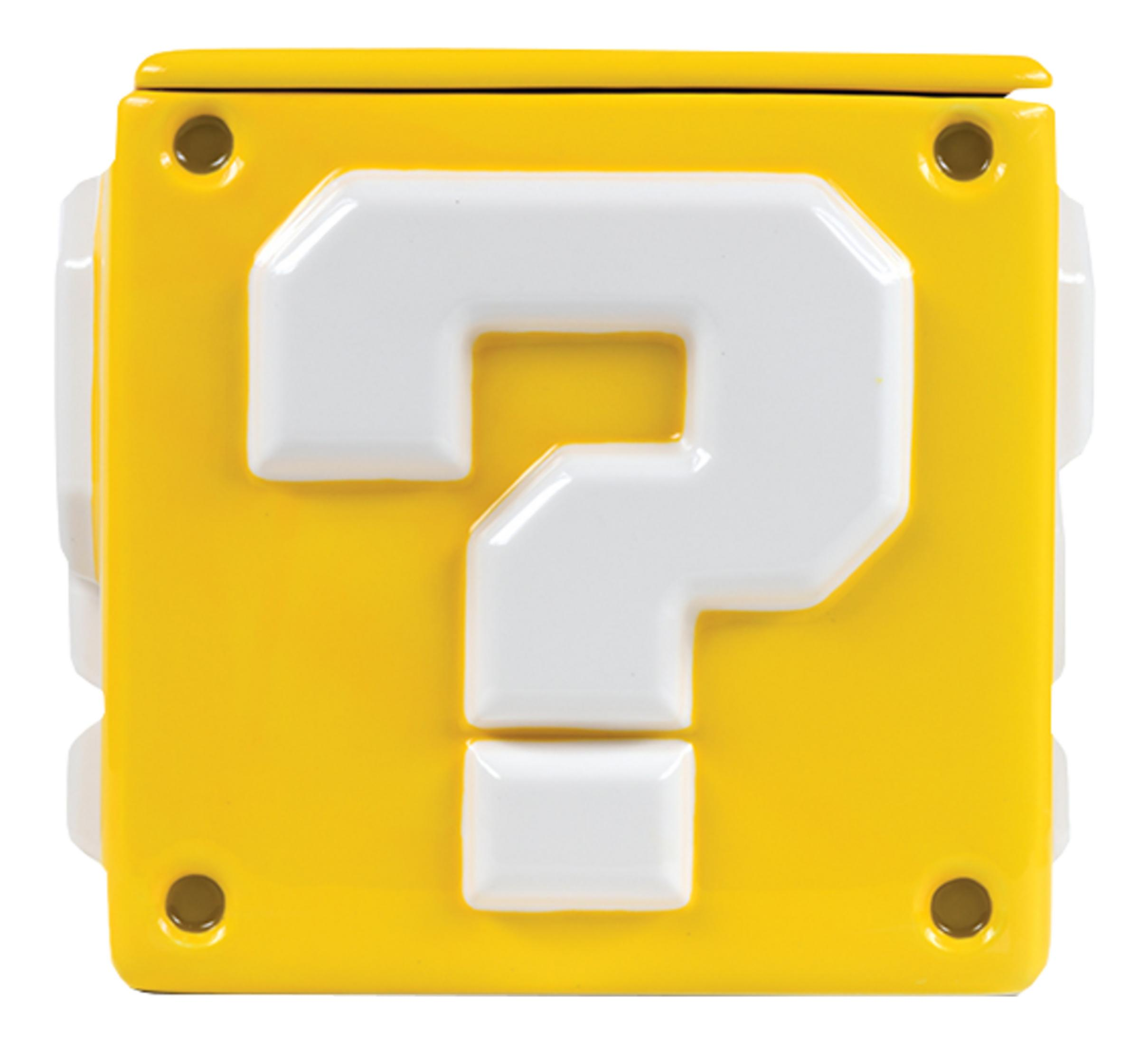 Żółty blok znaku zapytania Super Mario z białymi akcentami.