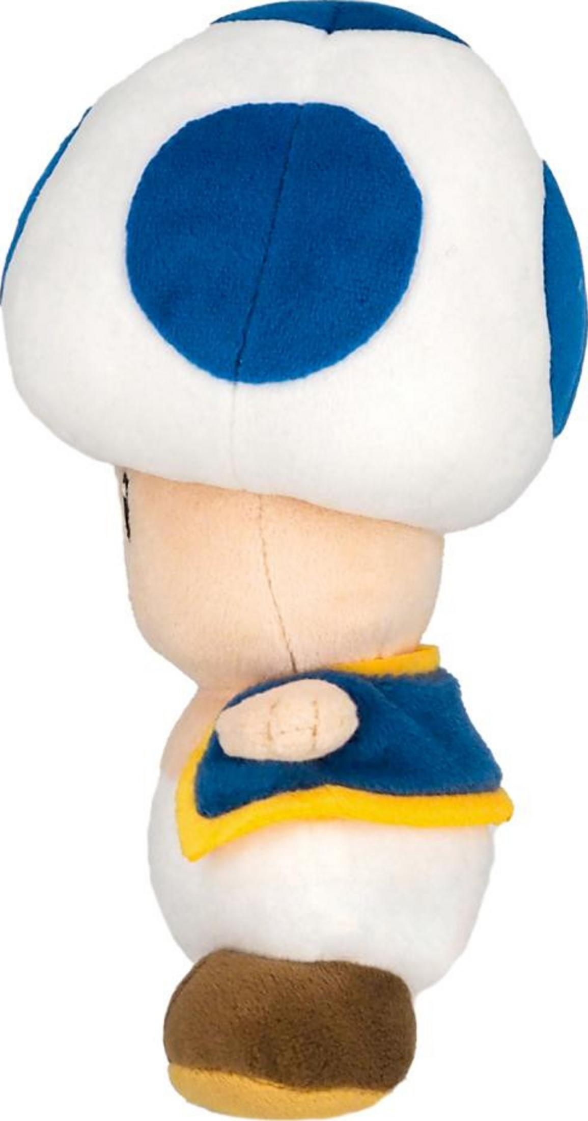 Plüschfigur von Toad aus Mario, mit blau-weißer Pilzkappe und Weste.