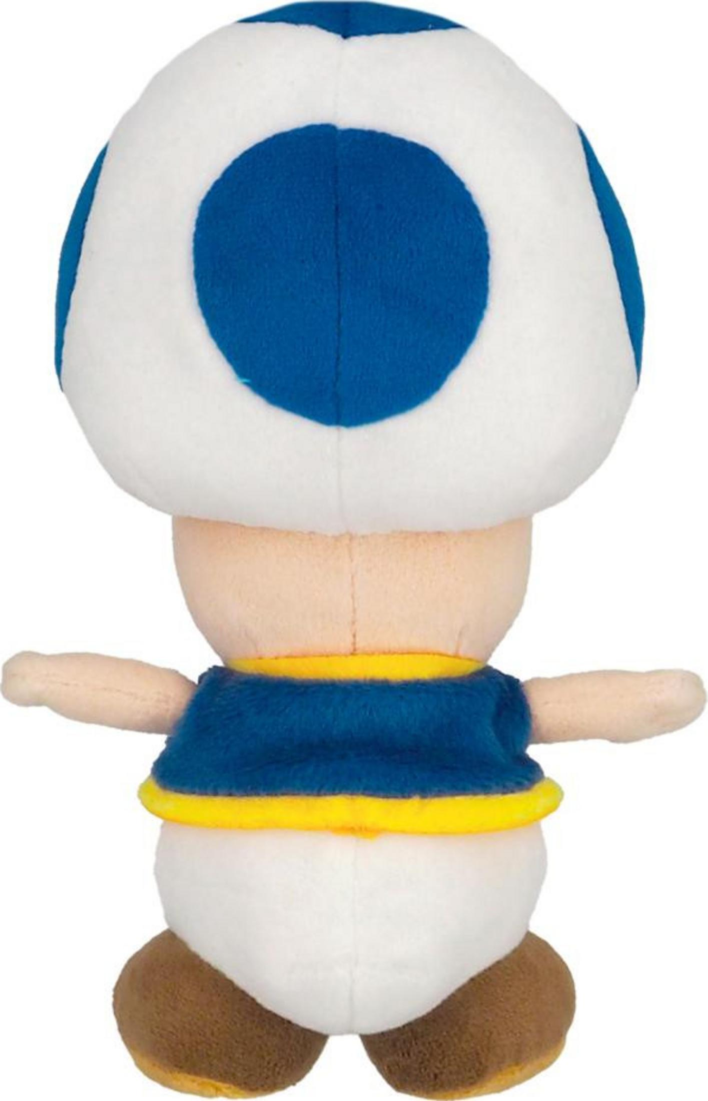 Plüschfigur Toad mit blauem Pilzhut, Weste und braunen Schuhen.