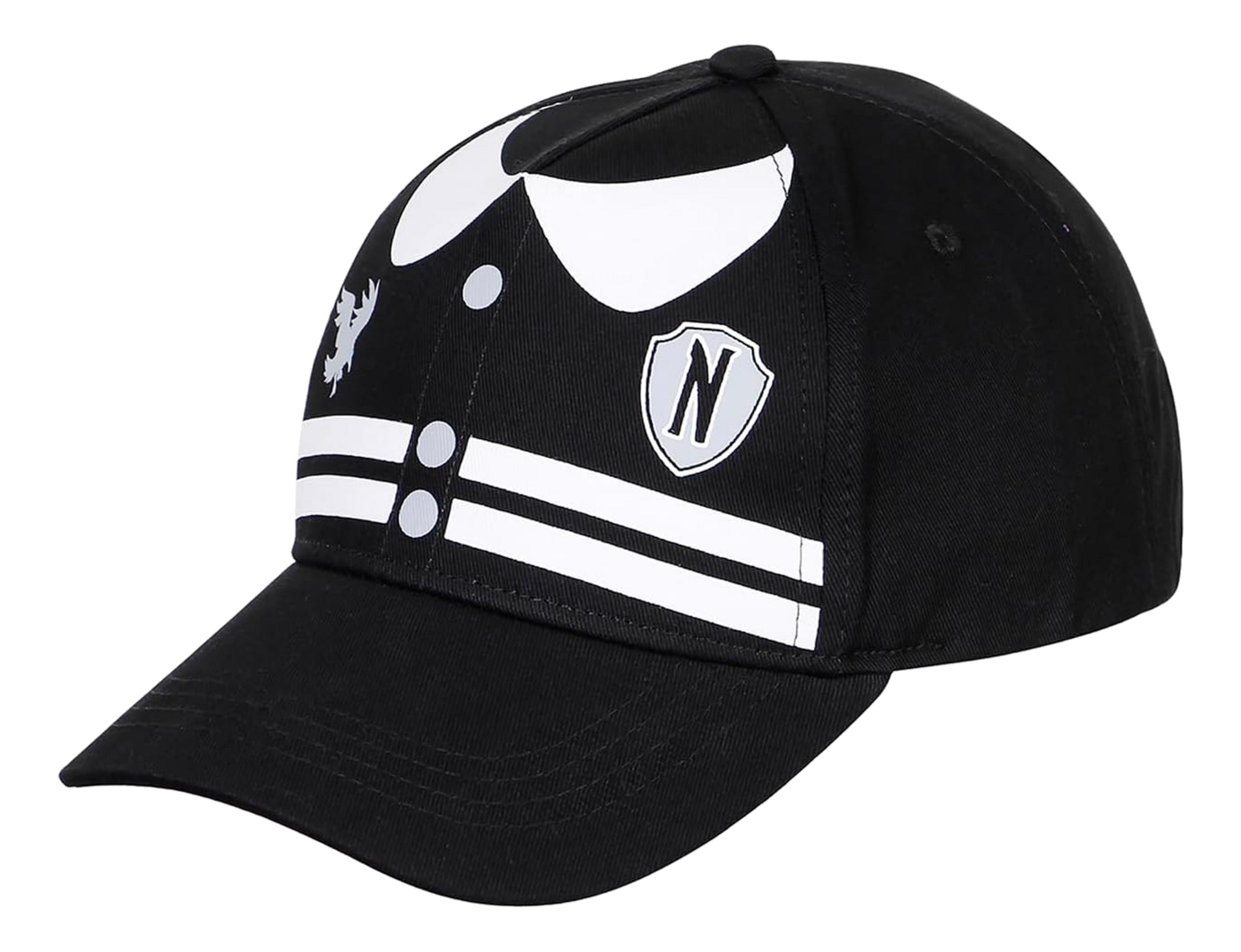 Schwarze Kappe mit weißem Kragen-Design, Streifen und einem Schild.