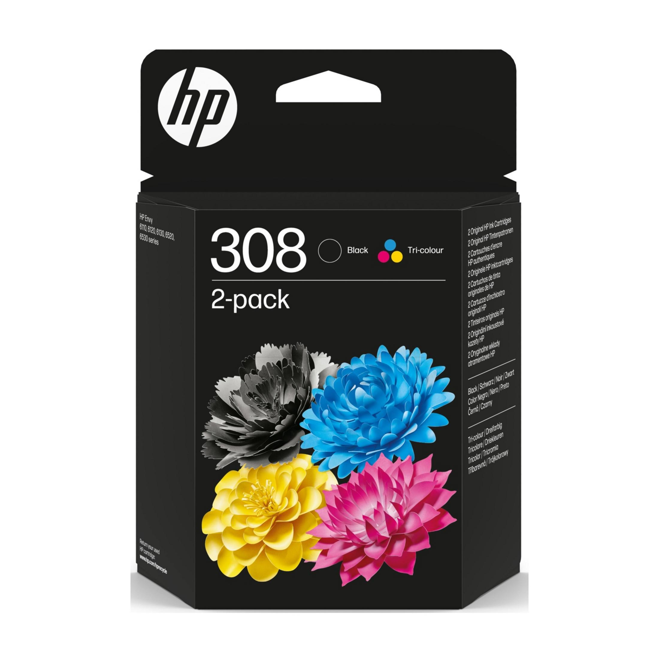 HP 308 inktcartridges 2-pack met vier kleurrijke papieren bloemen in zwart, blauw, geel en roze.